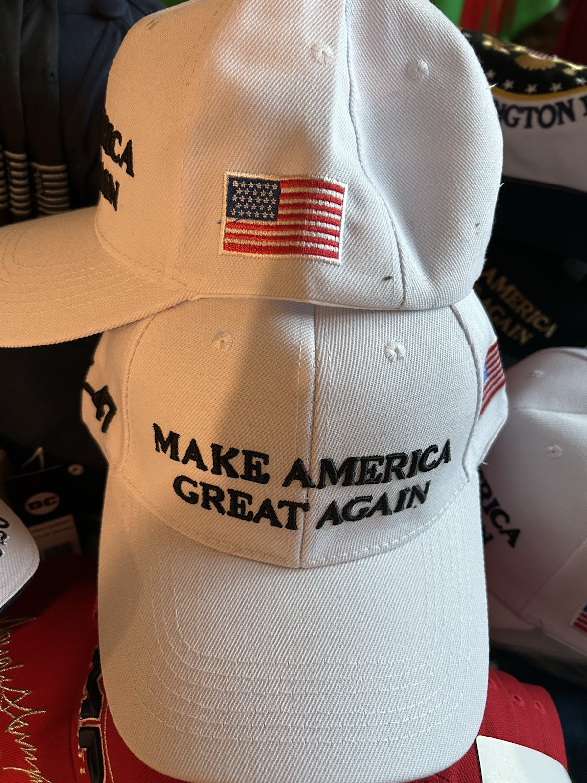 the US 45-47th President Collection, EMB with Flag Baseball cap, hat, white