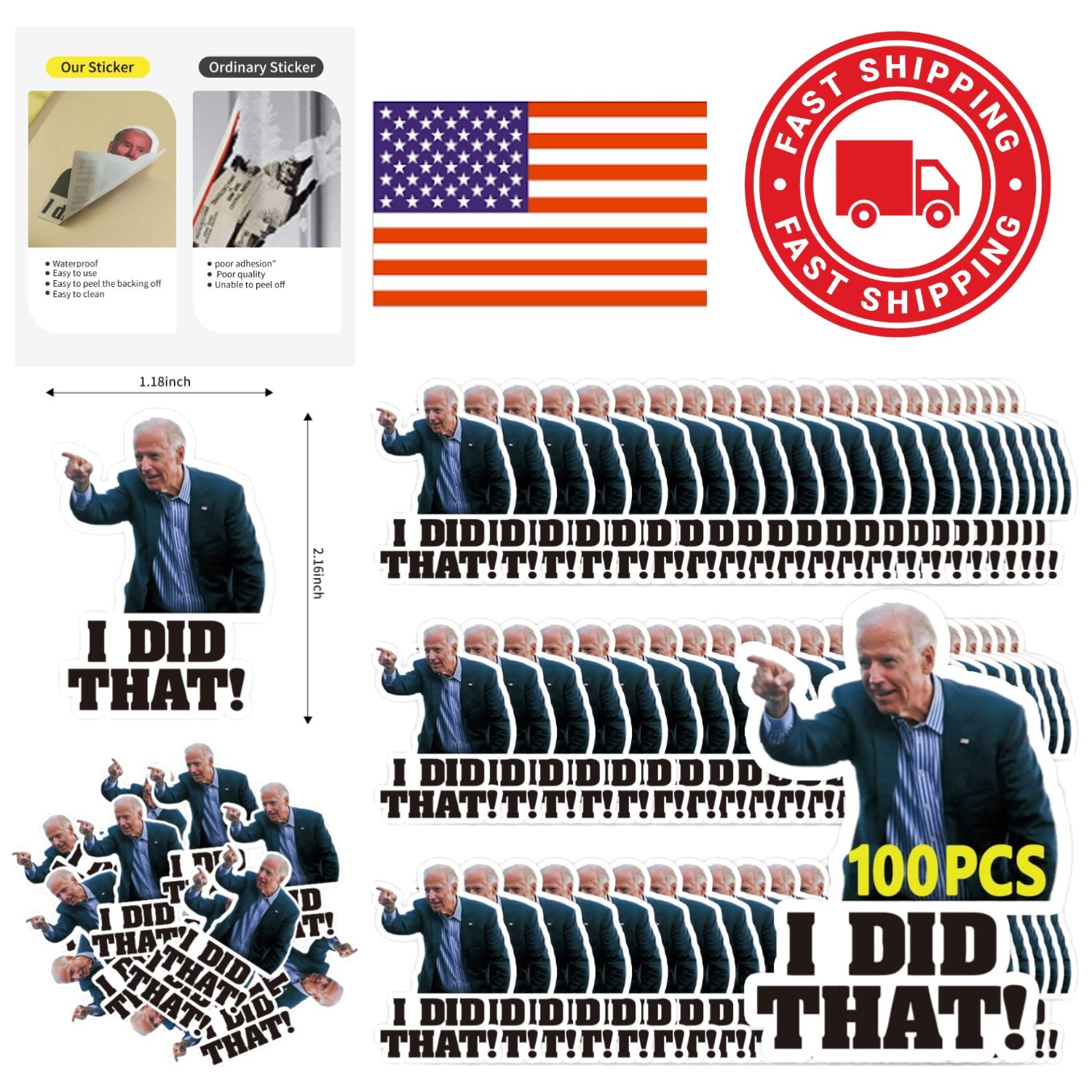 Waterproof Biden Stickers 100 Pcs Funny Reflective Decals for Cars and Helmets