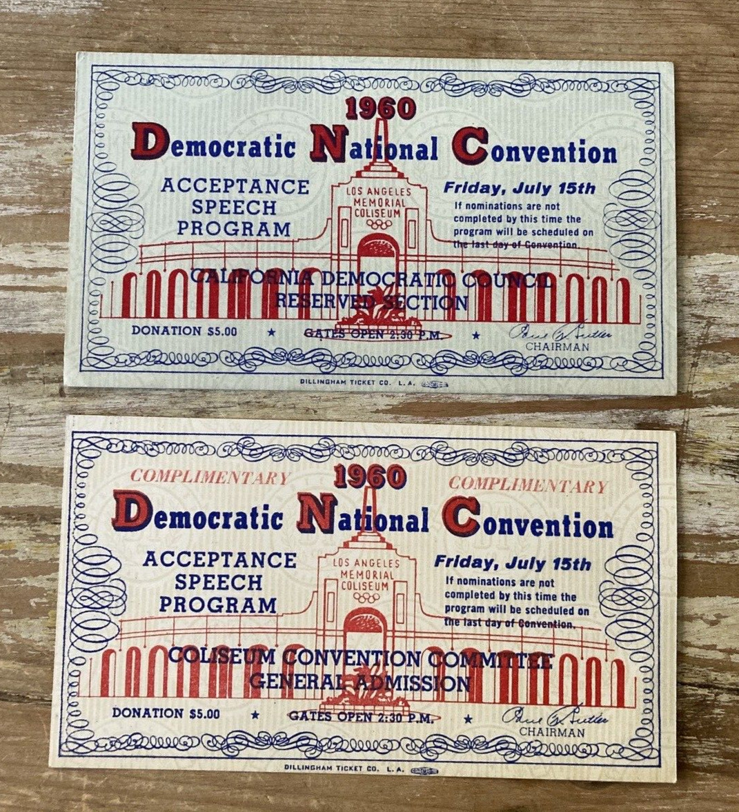 Vintage Democratic National Convention tickets acceptance speech 1960 JFK LBJ LA