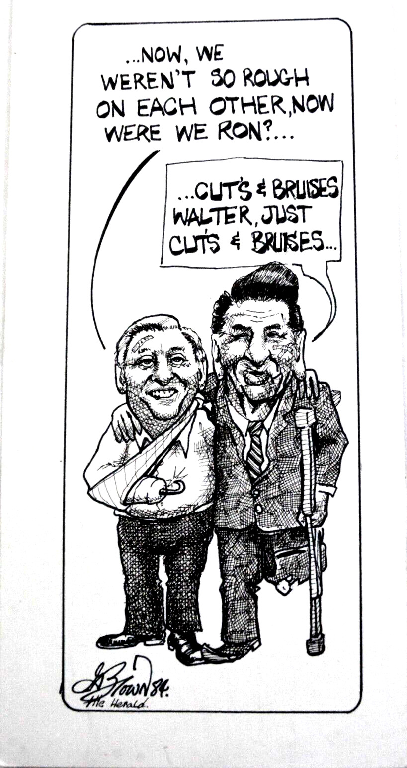 Original Ronald Reagan &W. Mondal Hand Drawn Political Cartoon Gordie Brown 1984