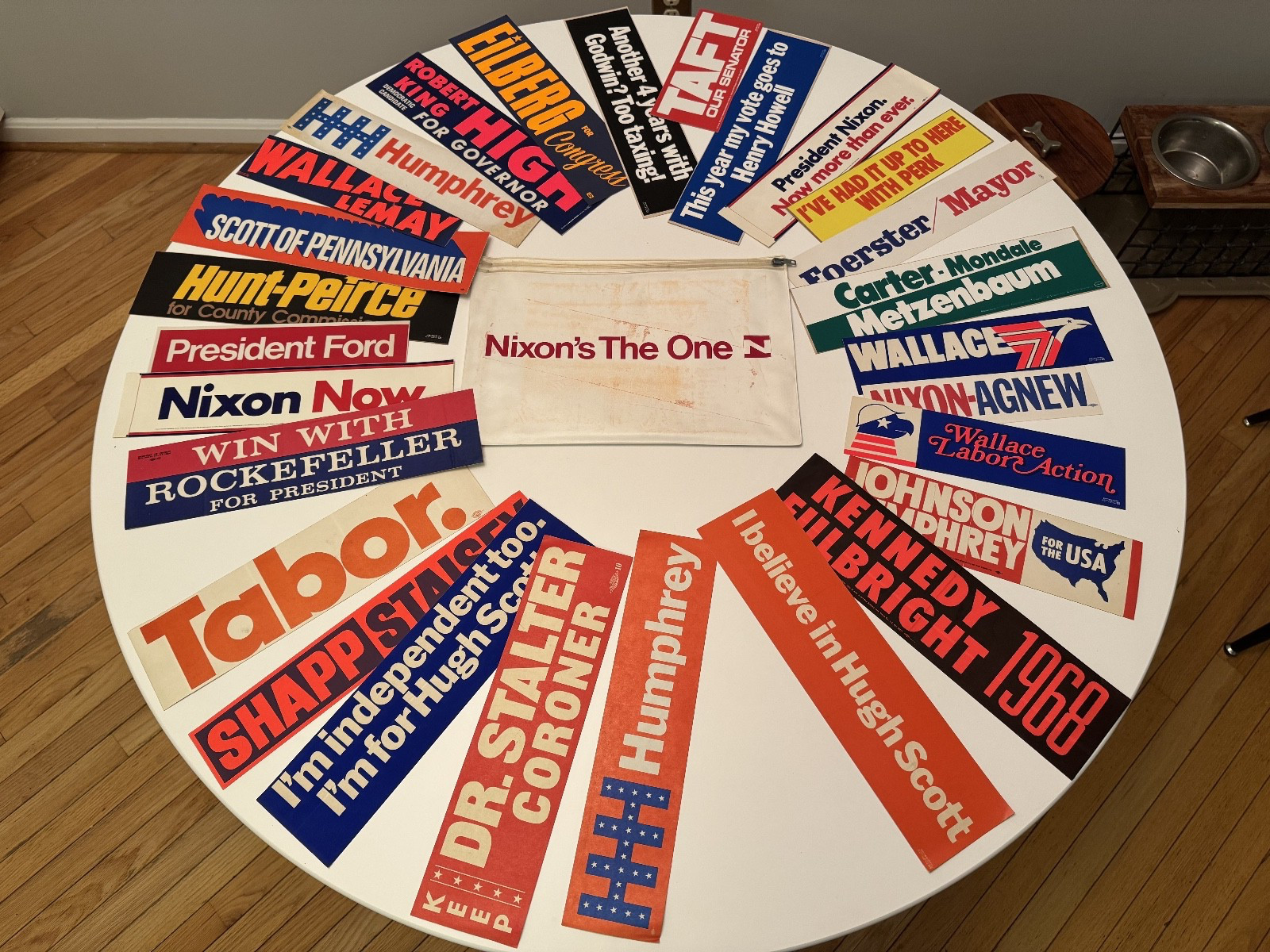 More Than 80 Vintage Political Bumper Stickers ca. 1964-76 + Nixon ’68 Briefcase