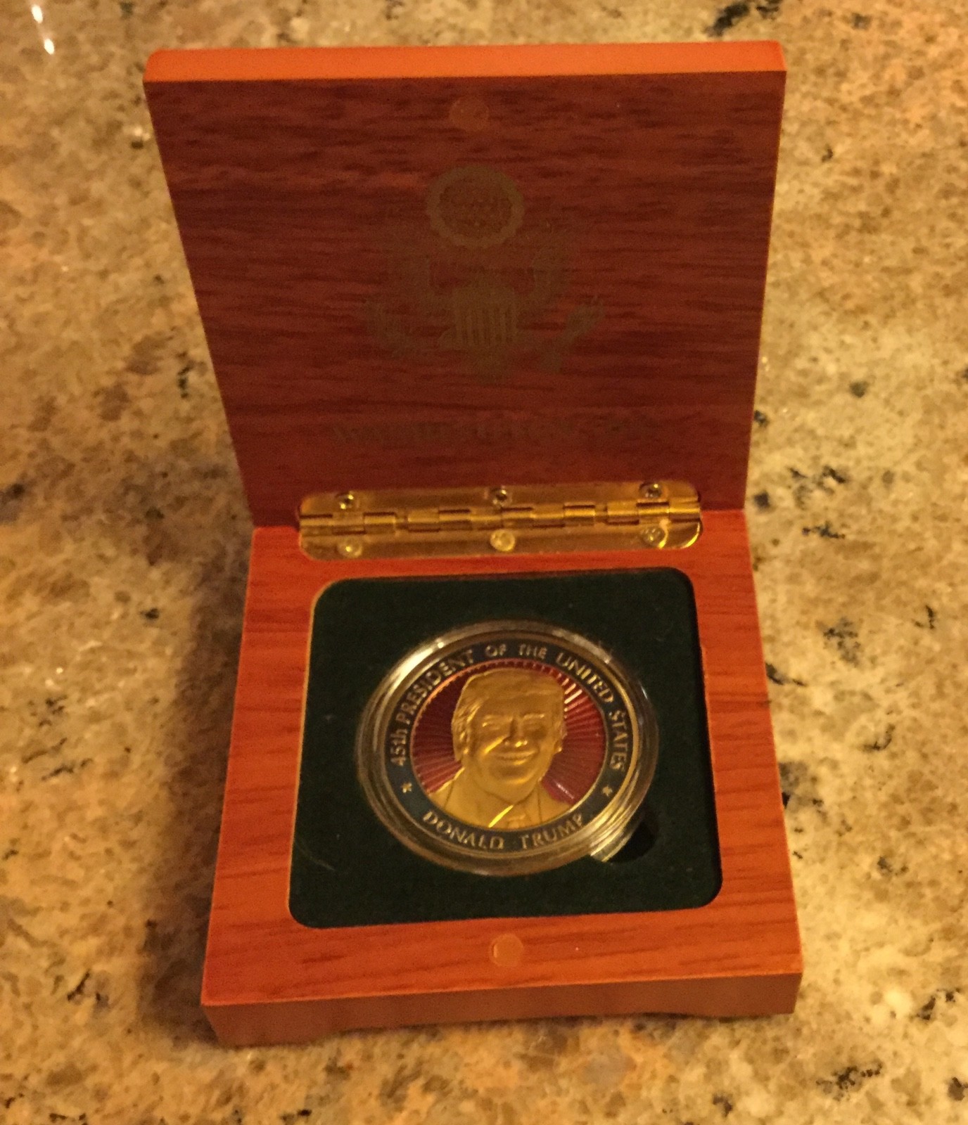 TRUMP CHALLENGE COIN in WOOD BOX PRES GOLD ENAMEL RED REPUBLICAN GOP EAGLE MAGA