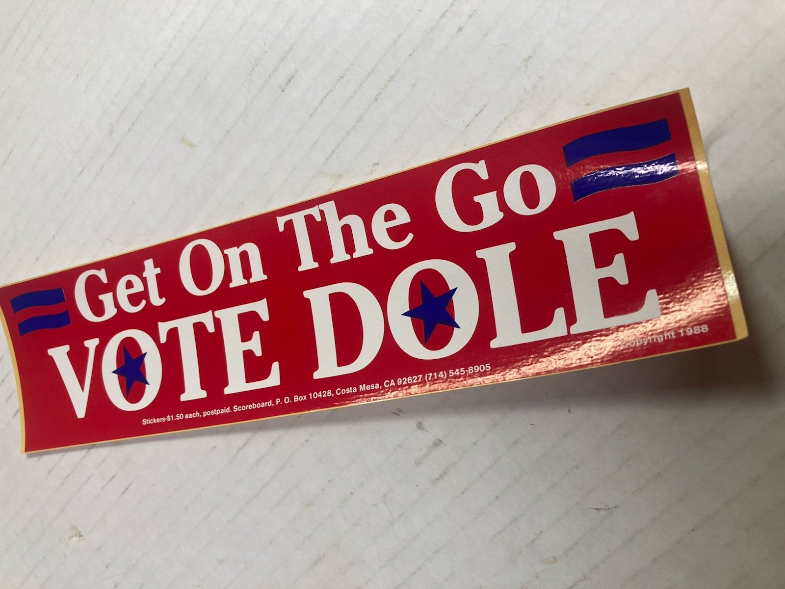 VOTE DOLE “GET ON THE GO” 1988 President VTG Political Bumper Sticker
