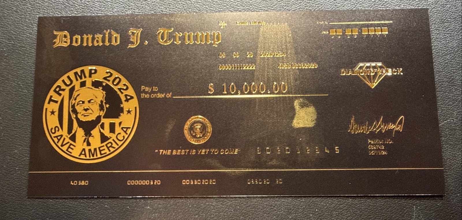 Donald J.Trump $10,000.00 Black & GOLD Diamond CHECK TRUMP 2024 Save America