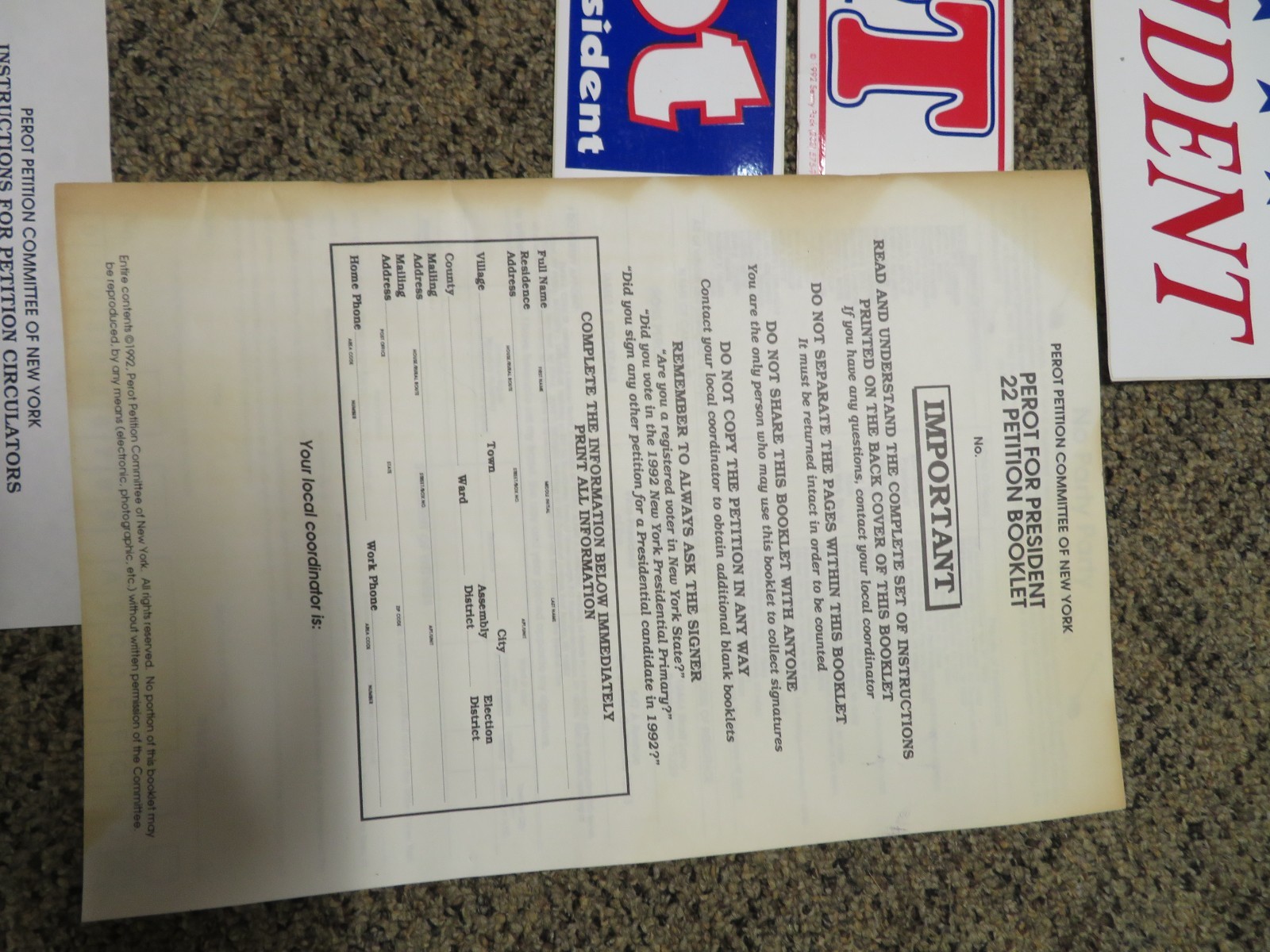 1996 Perot for President plastic political yard sign 16×25.5, bumper stickers