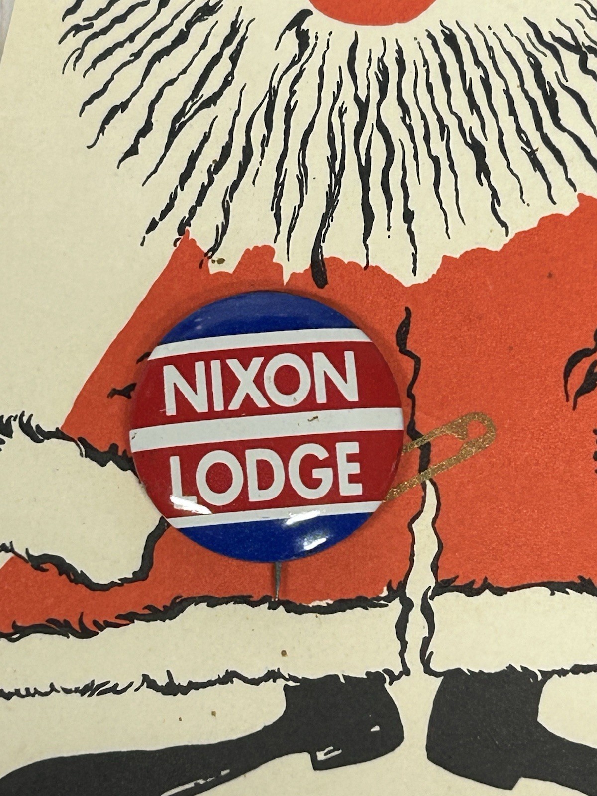 Christmas Card Santa Nixon Lodge Campaign Button Pin Political 1960’s