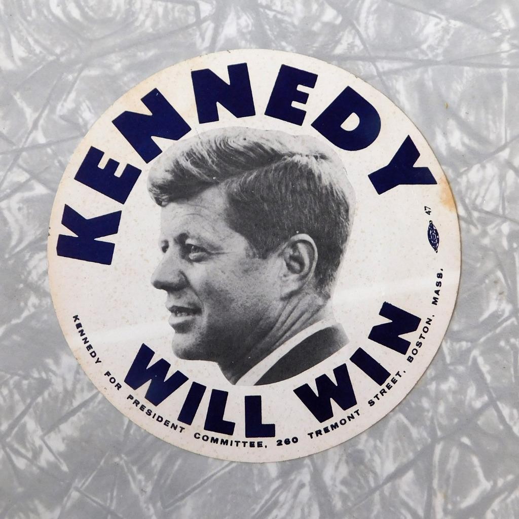 1960 JFK Kennedy Will Win 5″ Lapel Badge union label Campaign Sticker unpeeled