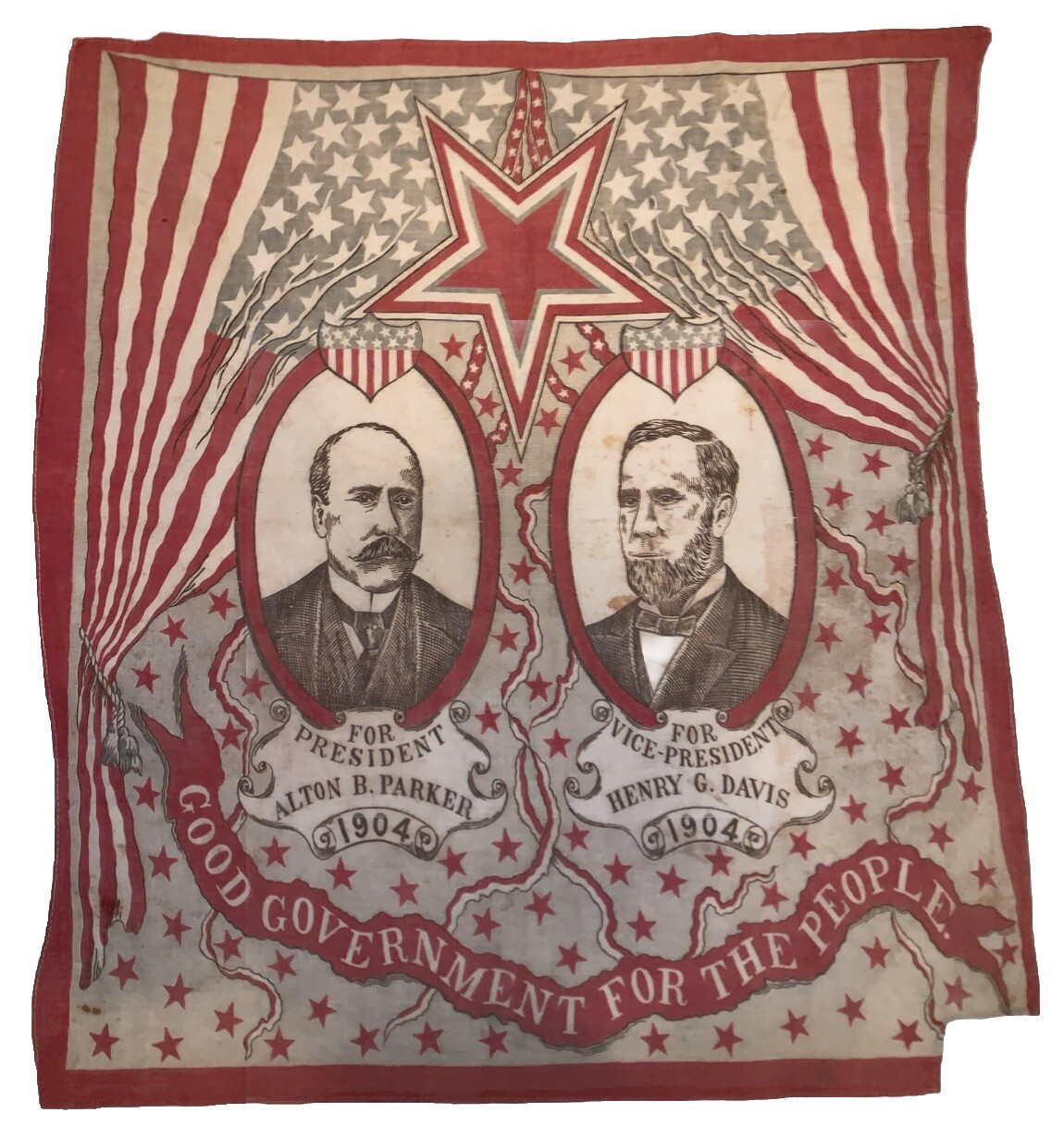 1904, ALTON B. PARKER & HENRY G. DAVIS, PRESIDENTIAL CAMPAIGN BANDANA, 22″ x 24″