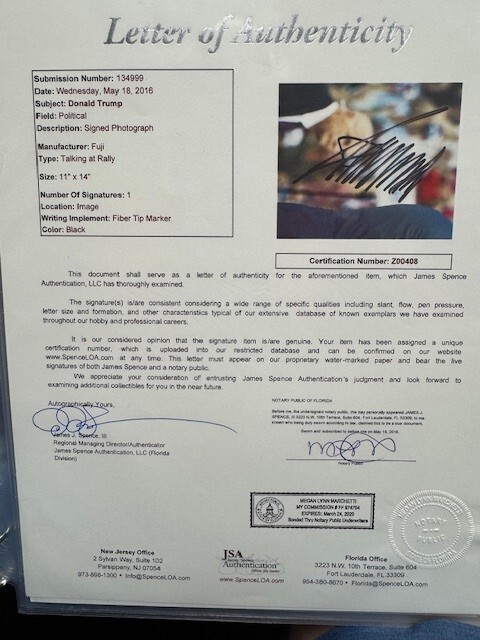 Framed President Donald Trump Signed Rally Photo JSA Certified Signature Auto