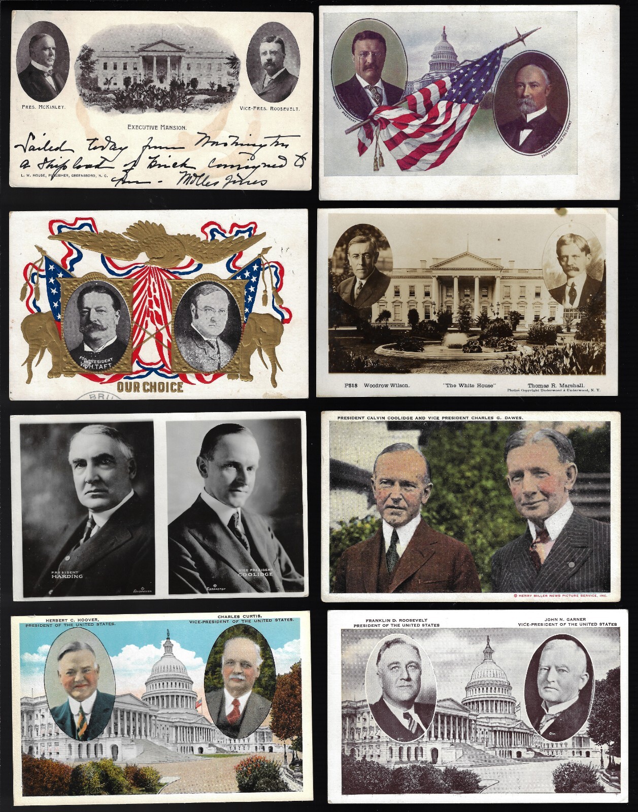 8-Presidential Winner Jugate Postcards 1900 McKinley to 1932 Franklin Roosevelt