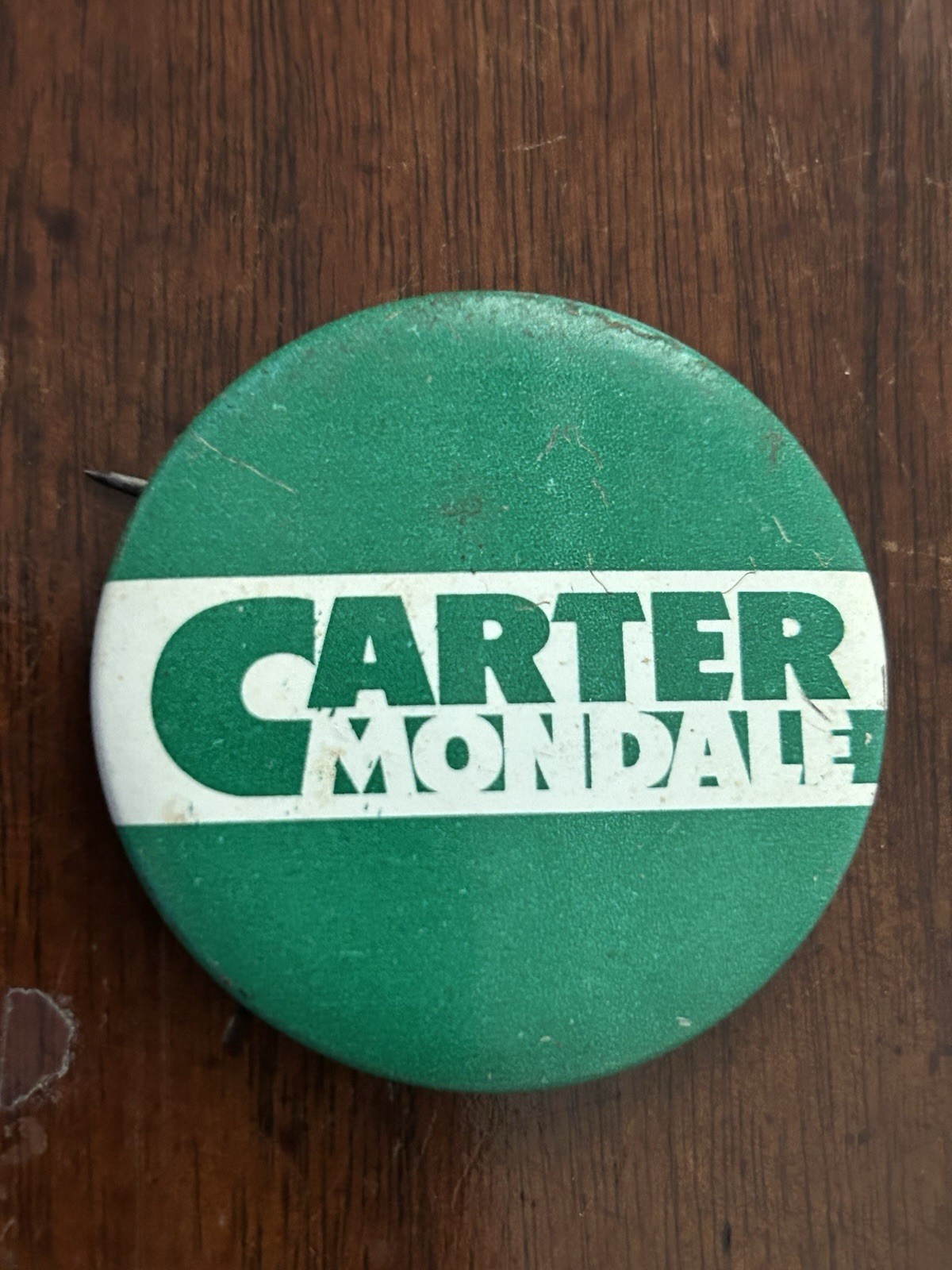 Vintage 1976 Carter Mondale Election Presidential Button Pinback, Green & White