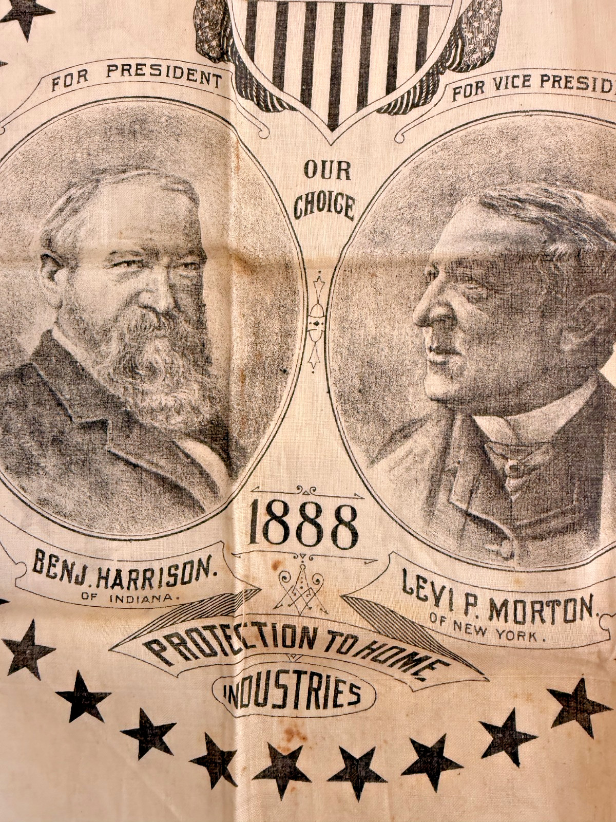 1888 Benjamin Harrison Levi P Morton Campaign Handkerchief Protection Industries