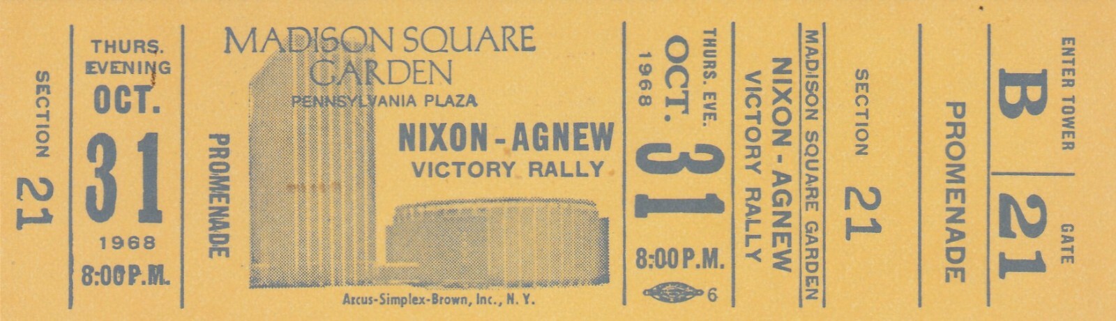 TICKET~NIXON-AGNEW VICTORY RALLY~OCT 31,1968~MADISON SQ GARDEN~NYC,NY~+INVITE