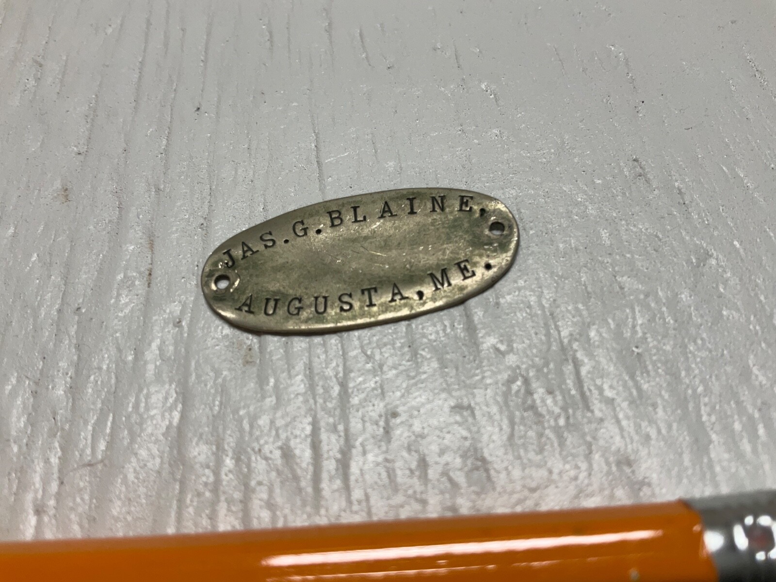 PRESIDENTIAL CANDIDATE JAMES G BLAINE METAL LUGGAGE TAG AUGUSTA MAINE 1898