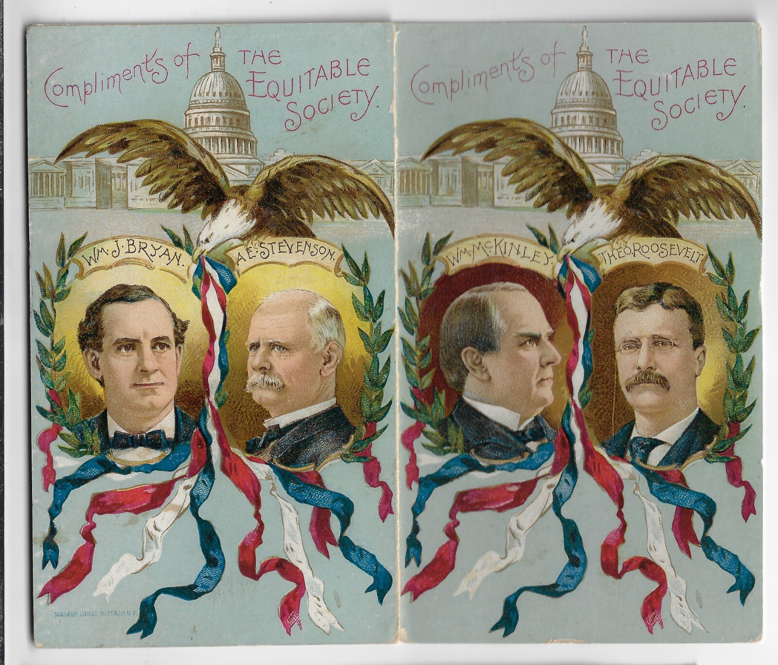 1900 Lovely Equitable Folding Trade Card McKinley Roosevelt Bryan Stevenson