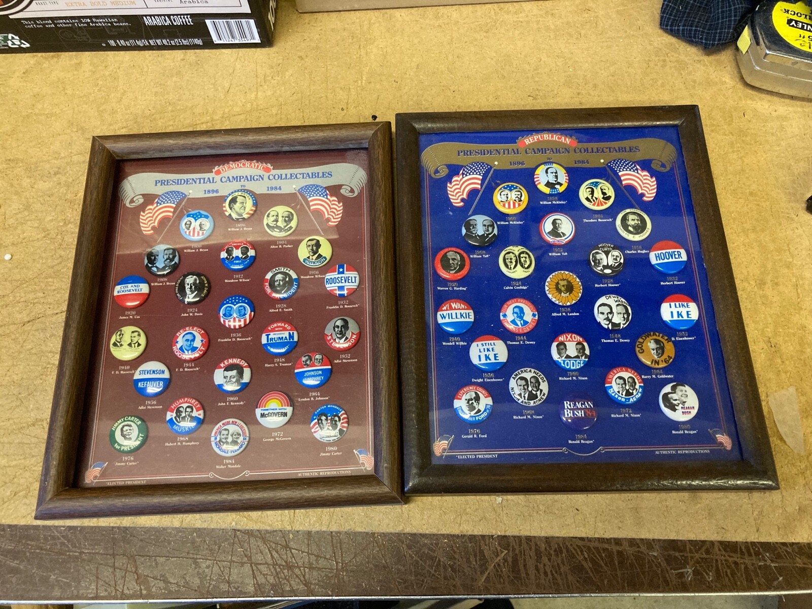 46 Republican Democrat framed presidential reproduction political pins 1896-1984