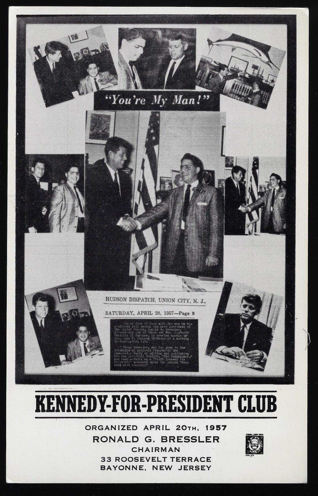HTF 1957 (Yes-Early!) John Kennedy for President Club Postcard Out Of New Jersey
