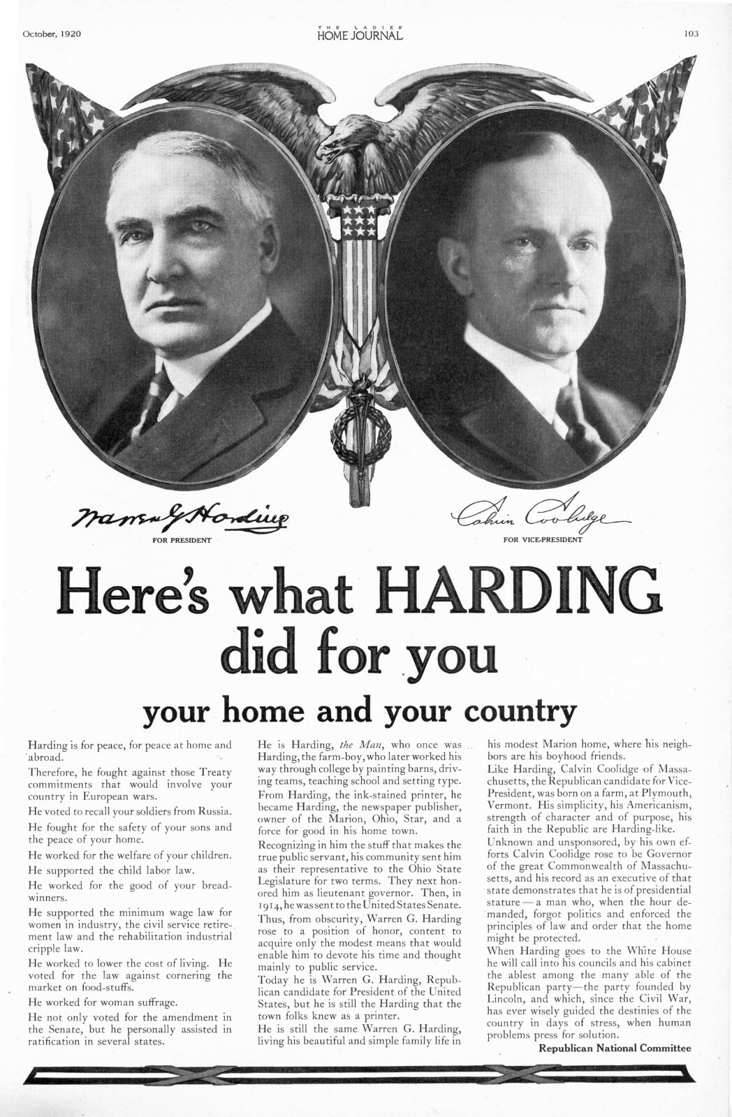 Here’s what Harding did for you – Candidates Harding and Coolidge – RNC – 1920