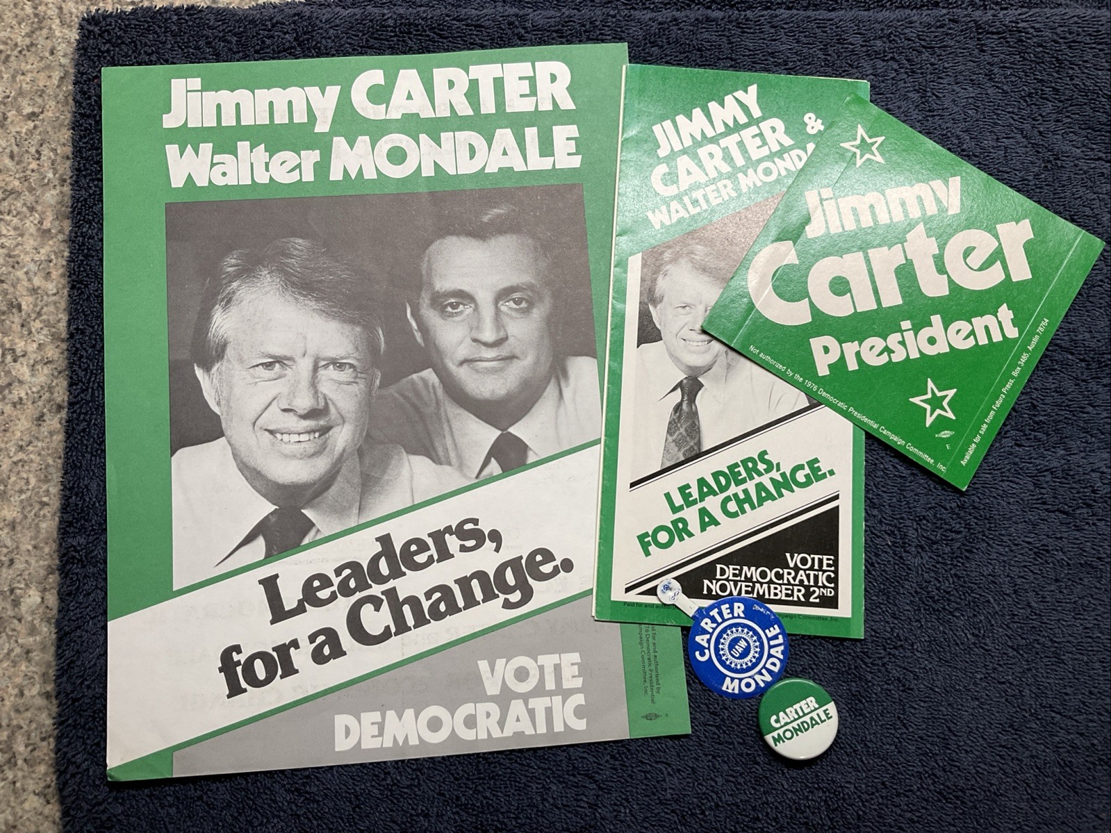 Jimmy Carter for President Bumper Sticker 1976 Presidential Campaign + Buttons