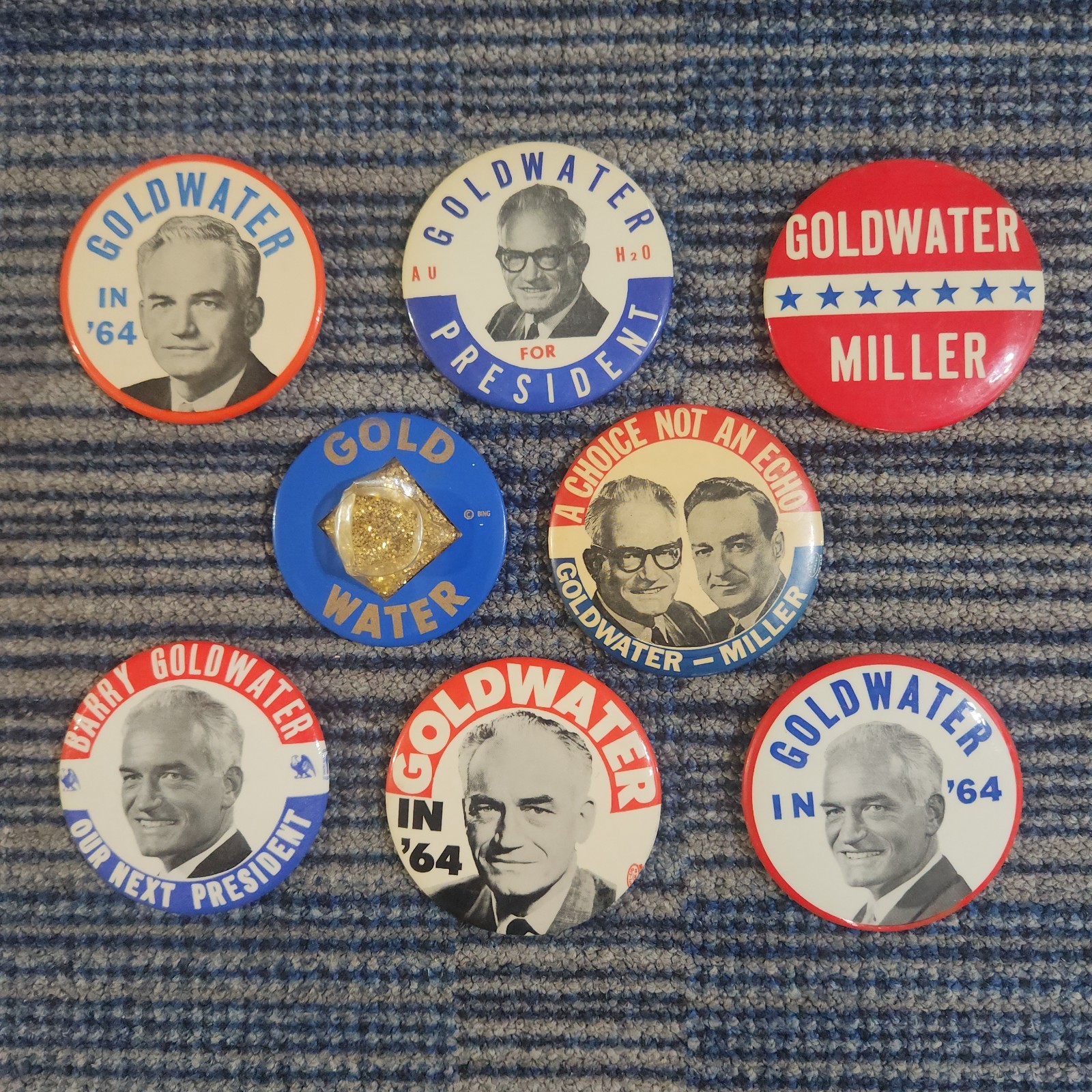 1964 BARRY GOLDWATER Large Variation Campaign Buttons CELLO BUBBLE w GOLD FLAKES