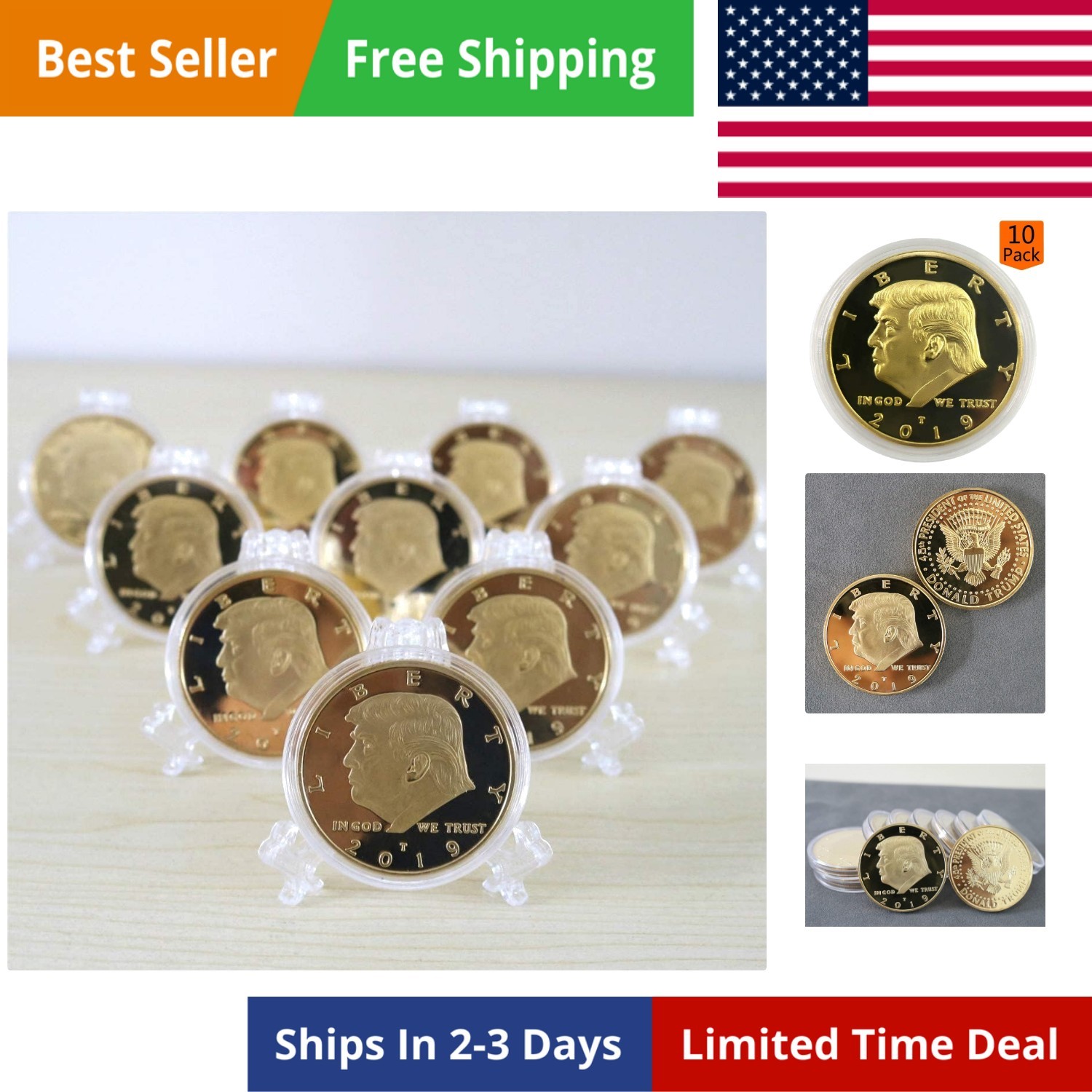 10 PACK President Donald Trump Commemorative Coins, Gold Plated Coin, Collect…