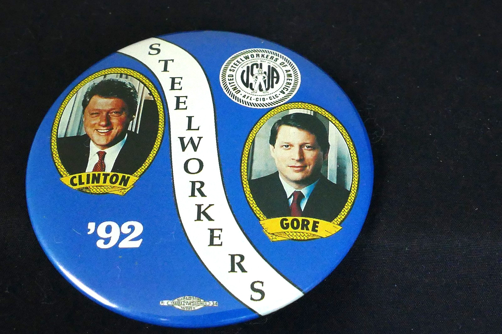 1992 Bill Clinton Al Gore AFL-CIO Steel Workers President Campaign Pin Button 3″