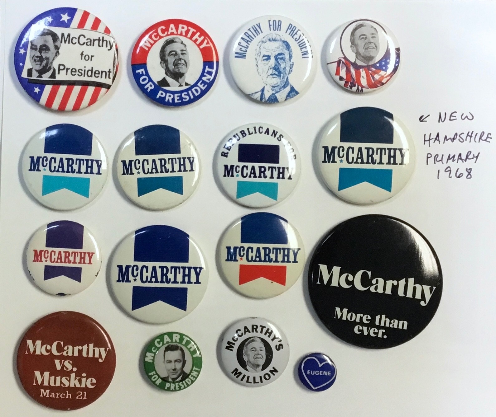 1968-72 EUGENE McCARTHY FOR PRESIDENT Collection 16 buttons & 5 flyers (incl NH)