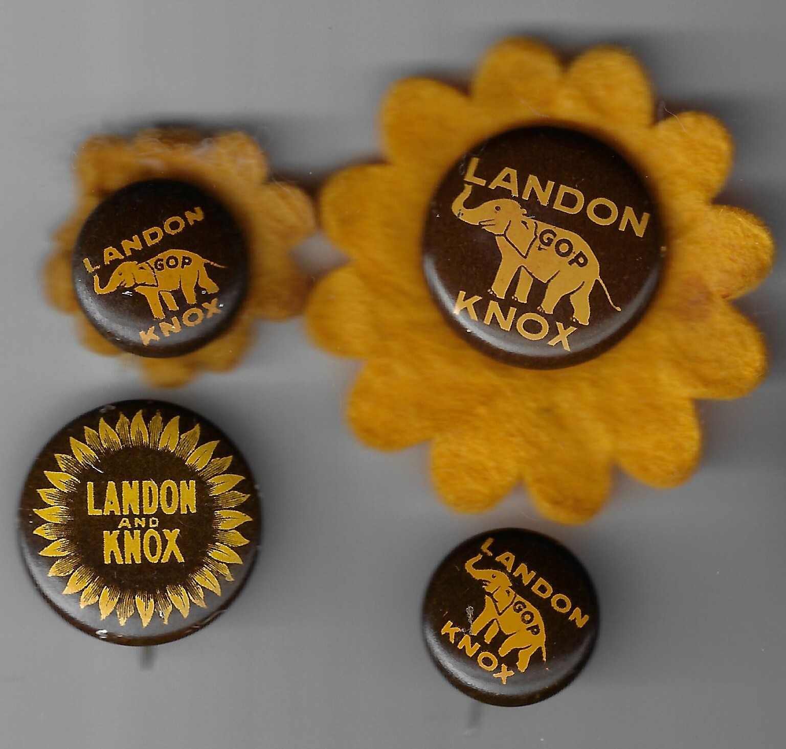 1936 Four Landon Knox Elephant Prez Campaign Pins 2- W/Felt Sunflower Backing