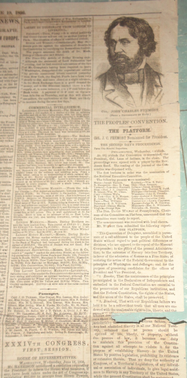 1856 NY Daily Tribune JOHN C. FREMONT ~ 1st Republican Candidate! People’s Conv.
