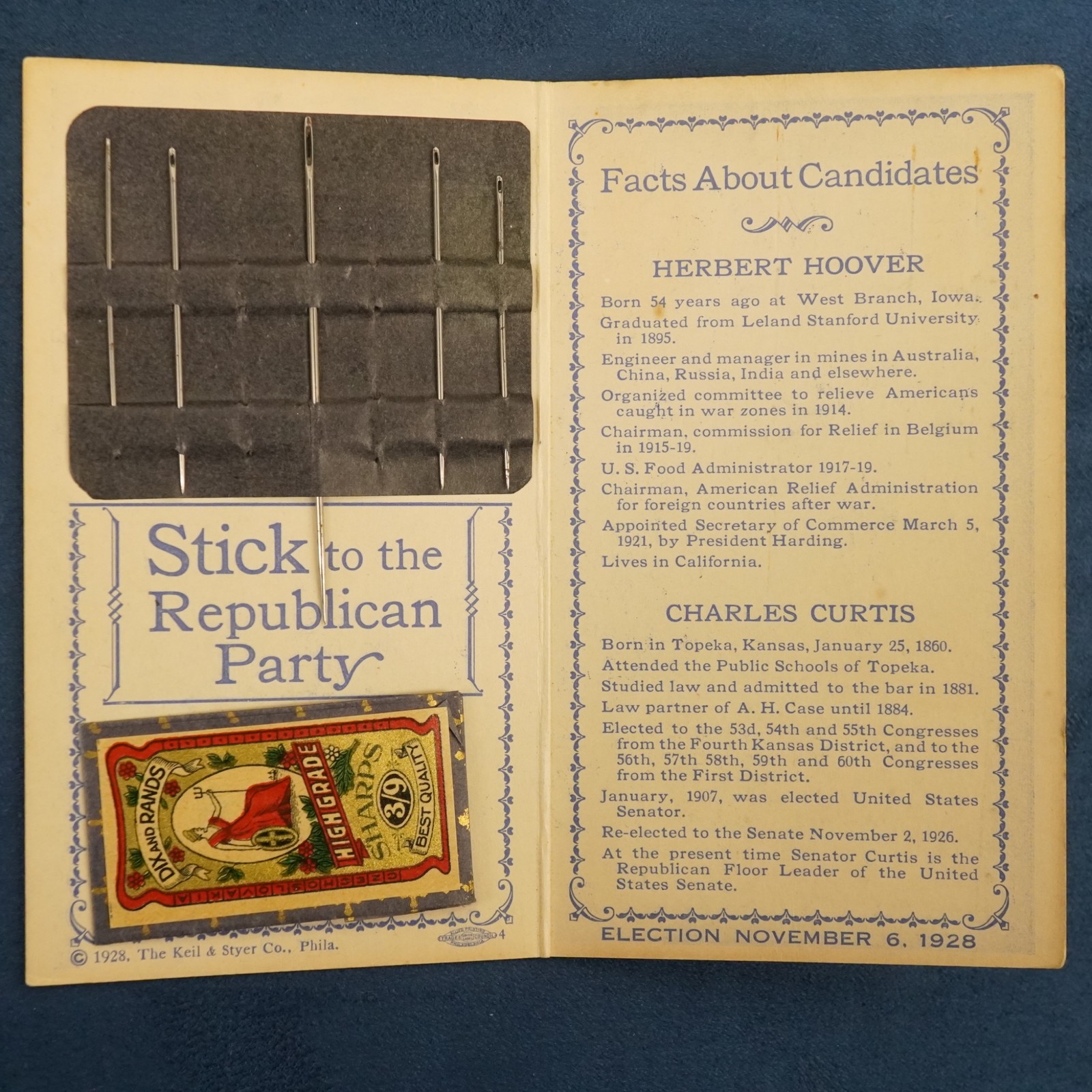 1928 Herbert Hoover Promotional Sewing Kit with Needles – Free Shipping USA