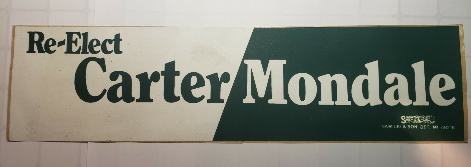 Vintage Re – Elect Carter Mondale Green White Political Bumper Sticker 1980