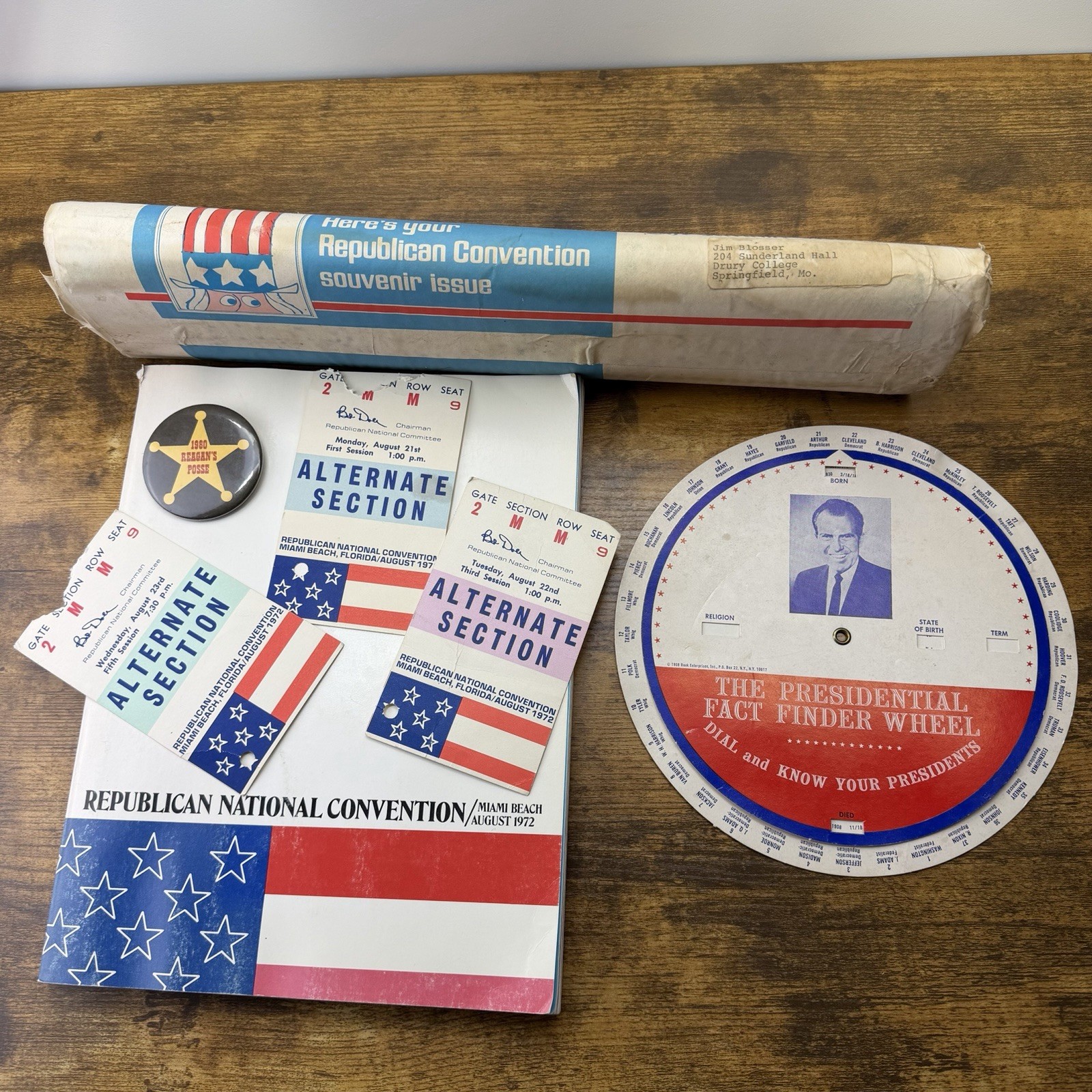 Jim Blosser 1972 RNC Lot Nixon Ticket Bob Dole Miami Herald Roll Reagan Pin RARE
