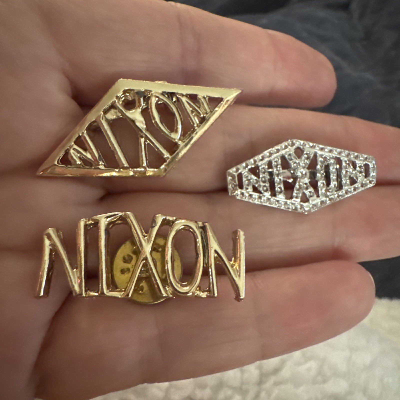Vtg Clear RHINESTONES Presidential Memoribilia NIXON Brooch Pin Lot Of 3 Gold