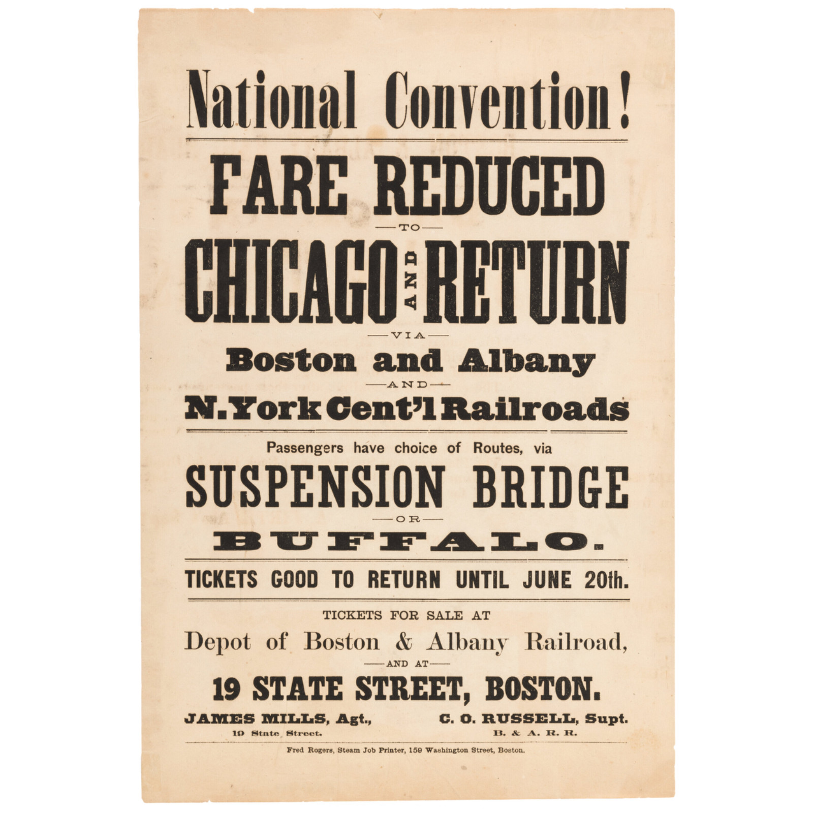 1868 Ulysses S. Grant Republican National Convention Excursion Broadside