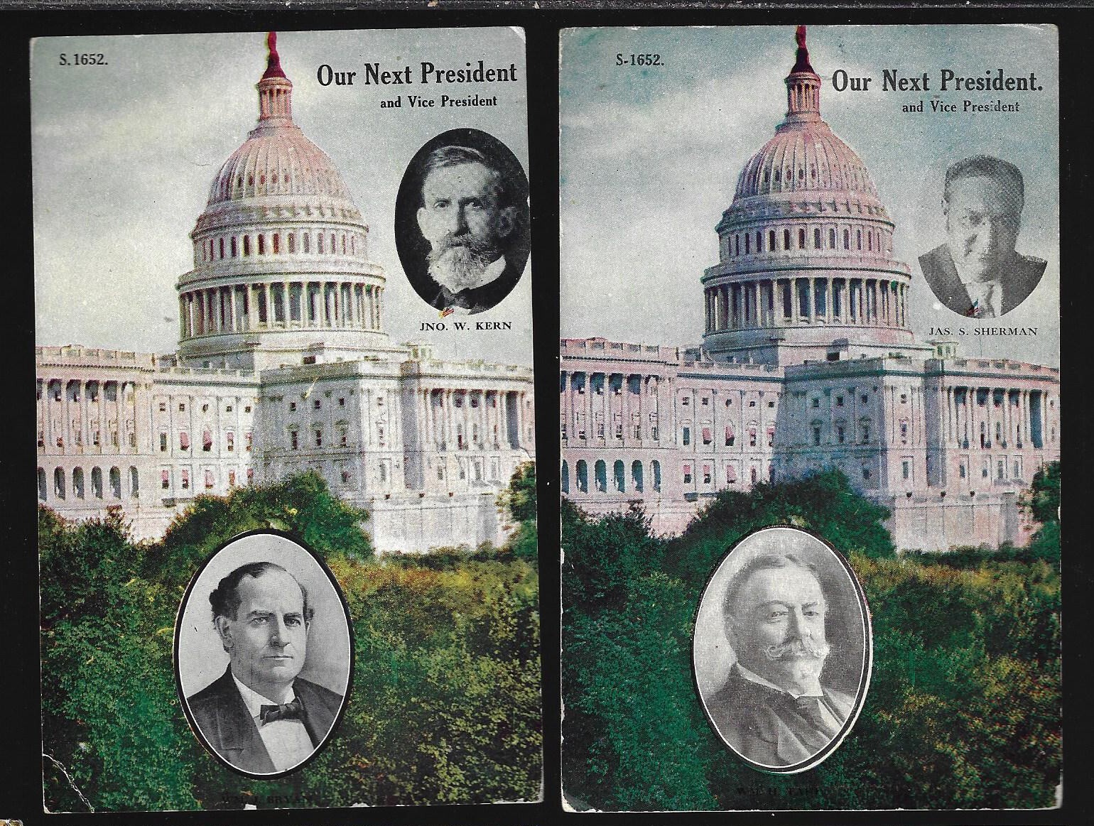 Mated 1908 Postcards Next Prez Veep Taft Sherman Bryan Kern US Capitol Vertical