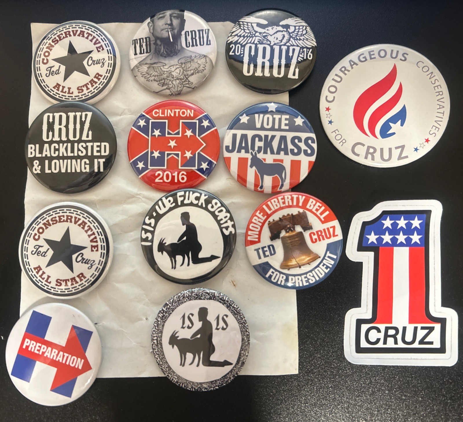 Sabo Street Art Political Buttons (11) + Ted Cruz Campaign Button & Sticker 2016