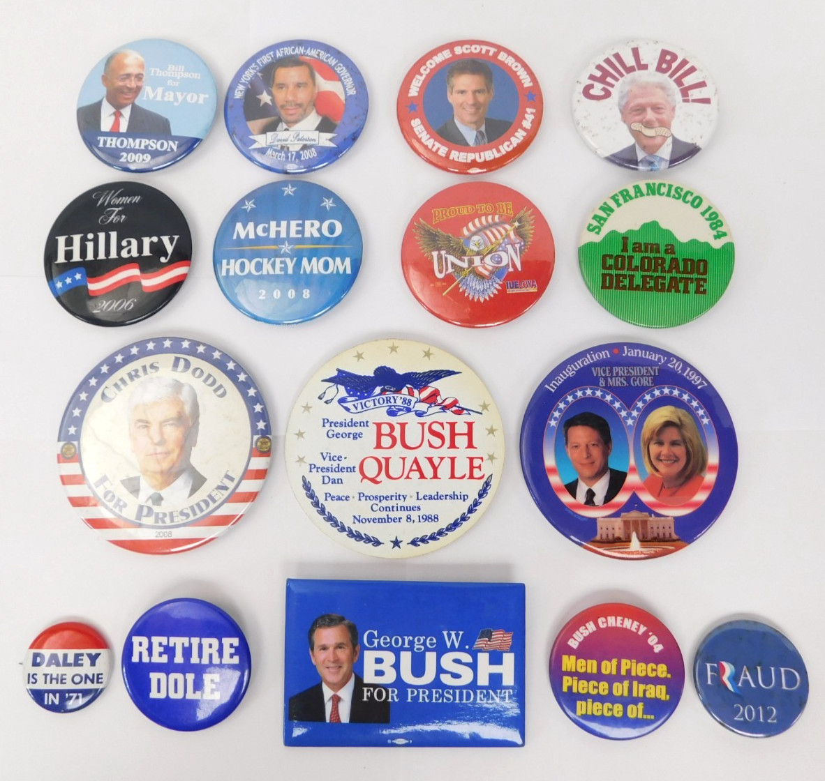 Lot of 16 – Political Pins Back Campaign Button Presidential Bush Daley Hillary