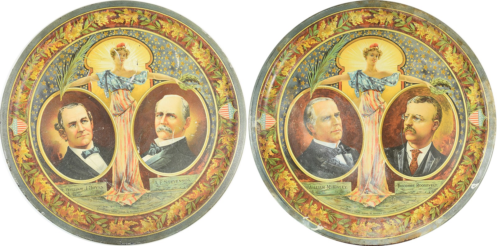 1900 GRAPHIC 12″ MCKINLEY & BRYAN TIN TRAYS (2)-SCARCE VG+/EXC-BRIGHT & PRETTY!
