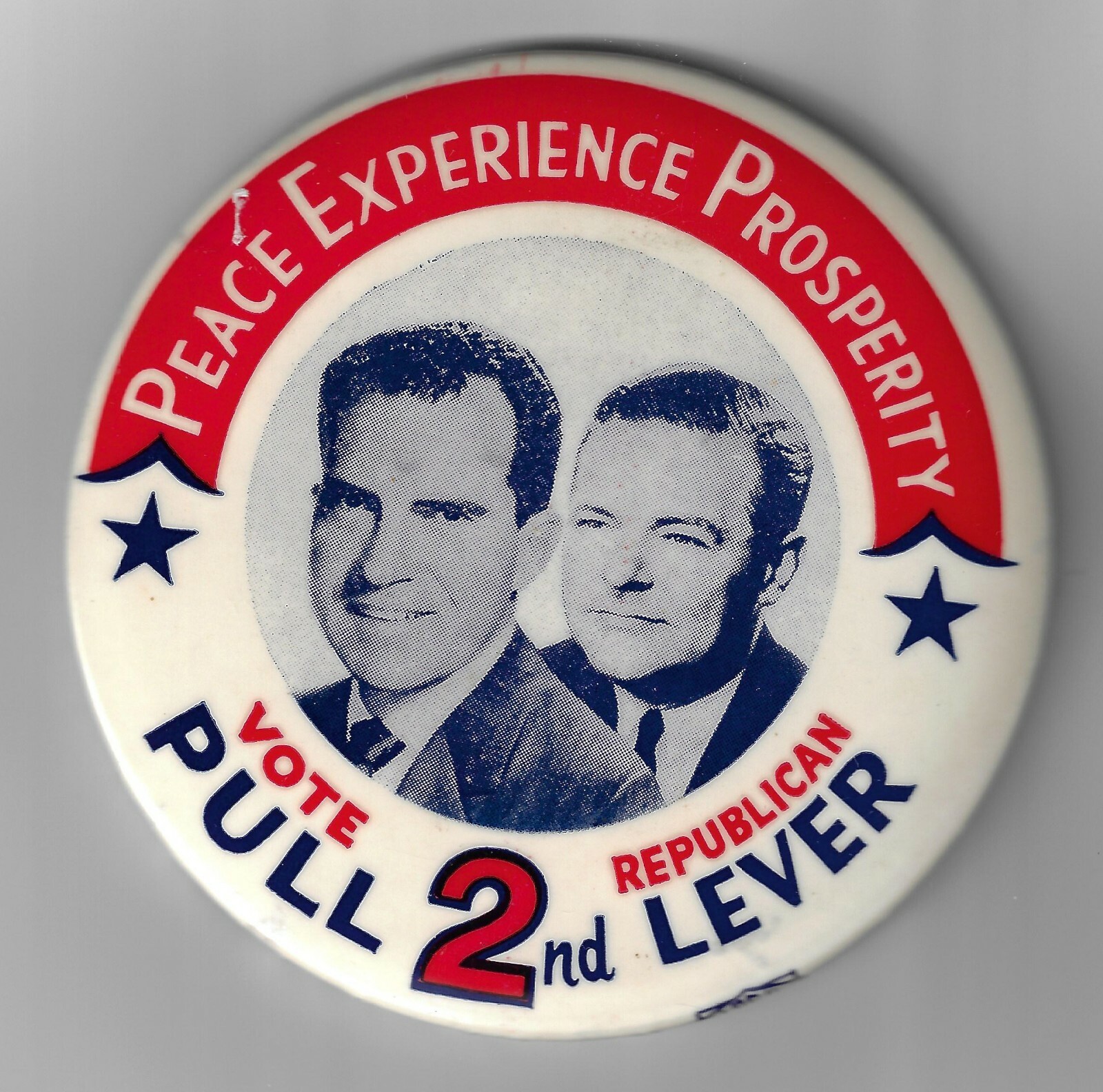 1960 Vot GOP Pull 2nd Lever Peace Experience Prosperity Nixon Lodge Election Pin