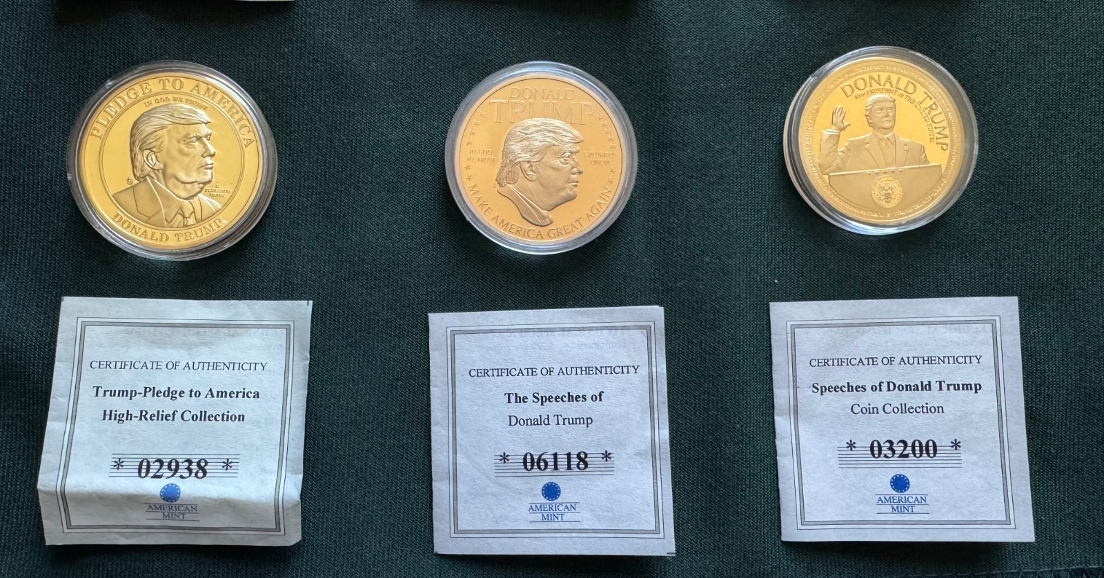 Set of 9 Unique Donald Trump Commemorative Gold Clad Coins in wooden case + CoAs