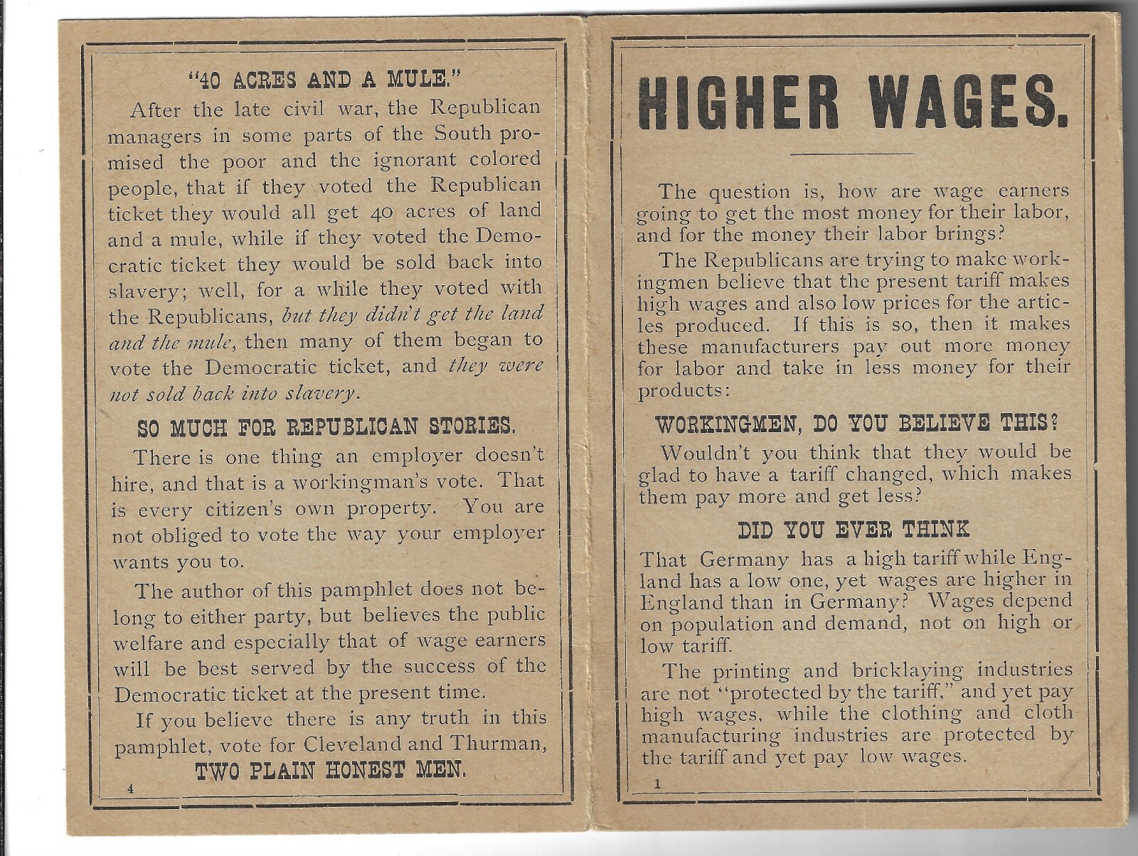 1888 Folding Presidential Campaign Small Workers Pamphlet 4 Cleveland & Thurman
