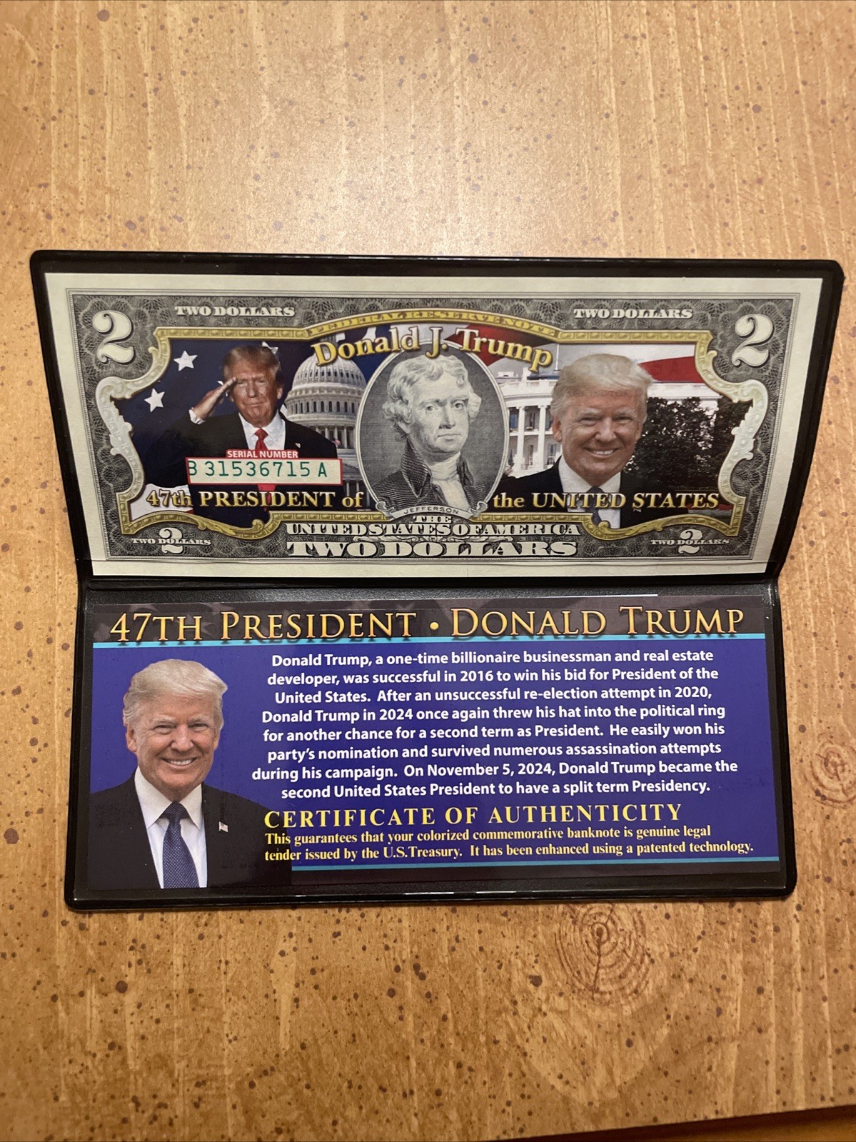 Donald Trump 47th President of the United States Colorized $2 Bill Genuine Note