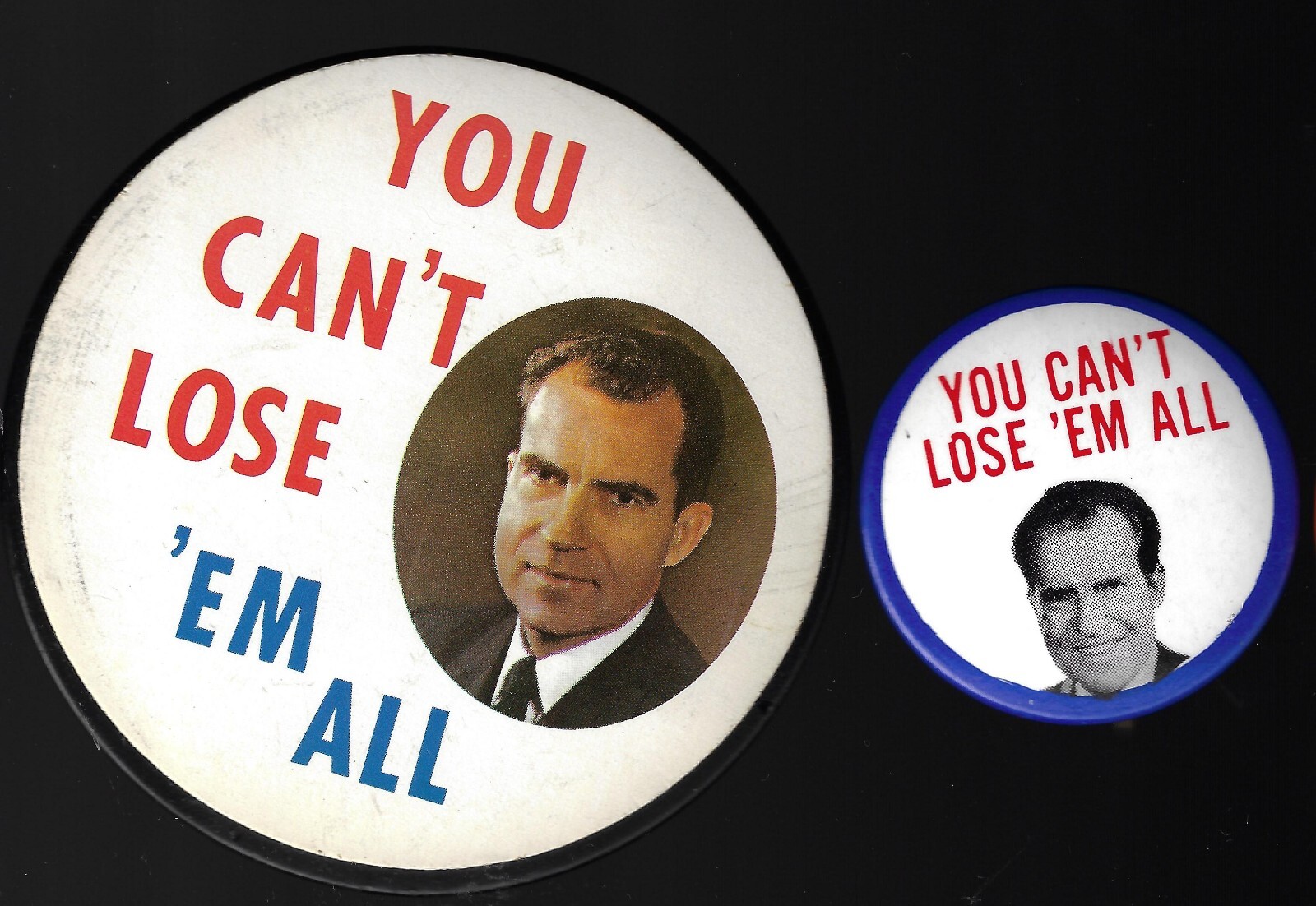 2 Anti-Richard Nixon Presidential Campaign Photo Pins You Can’t Lose ‘Em All
