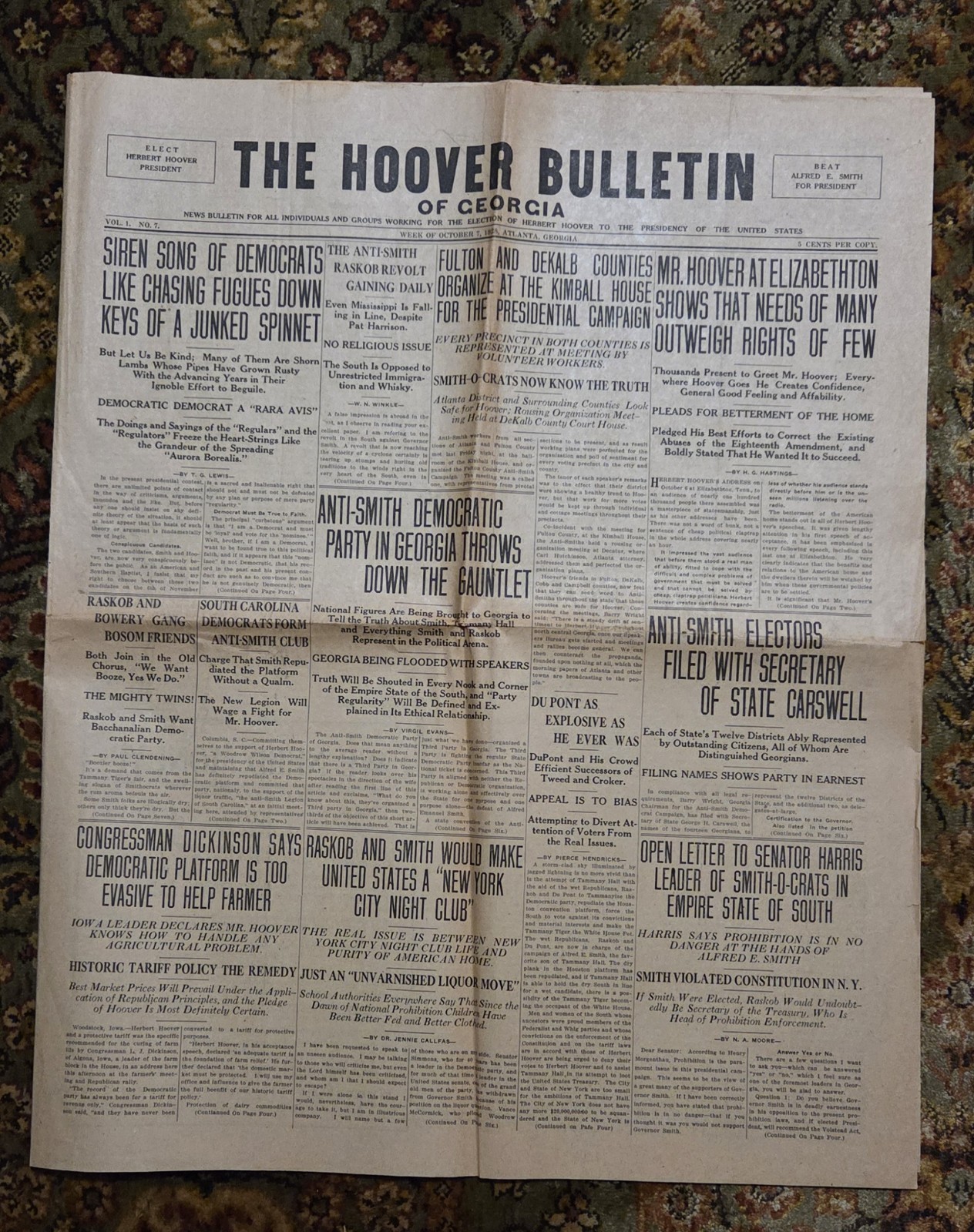 Rare Herbert Hoover 1928 Campaign Newspaper Targeting Georgia Residents