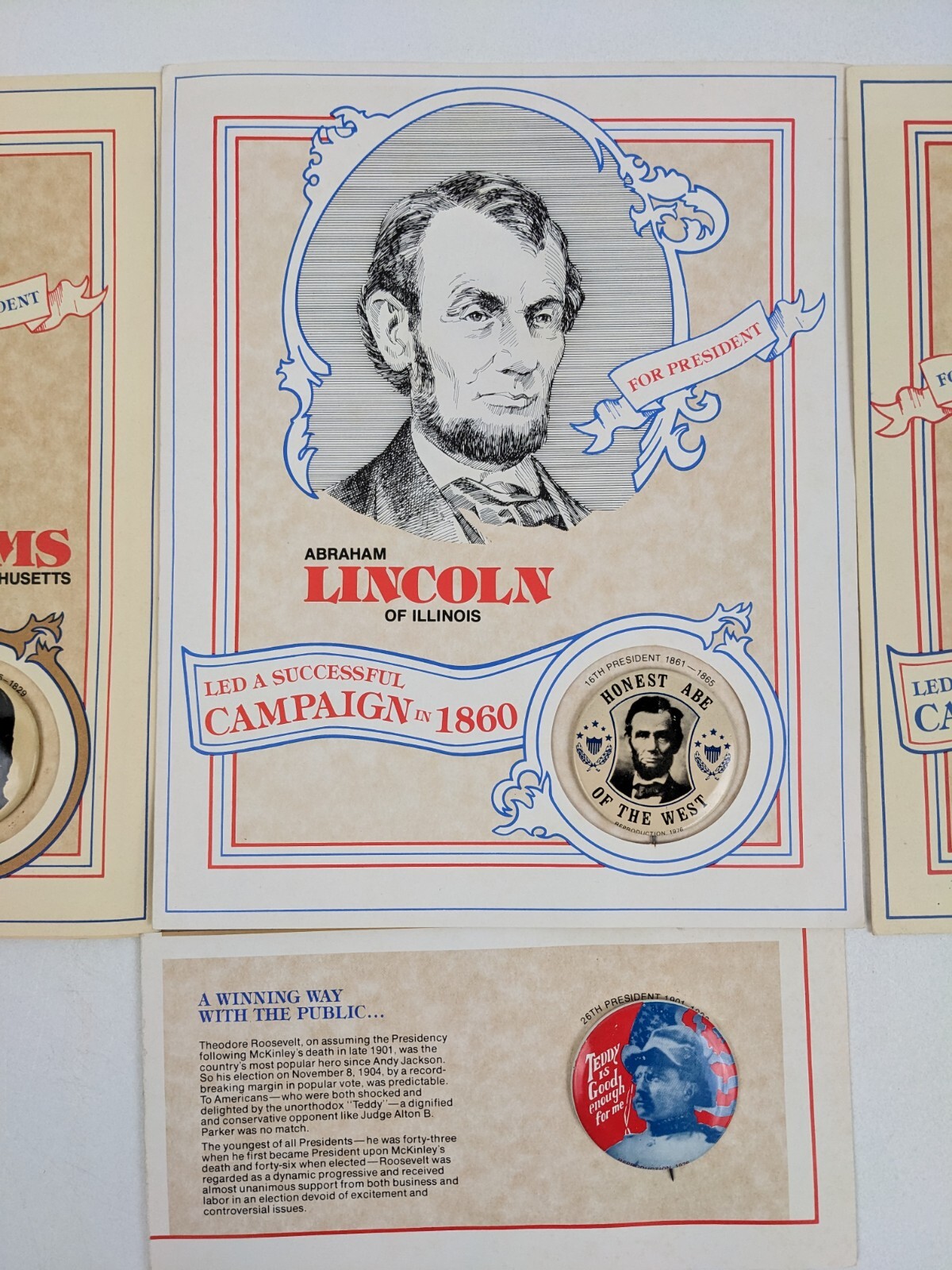 Reproduction Campaign Pinback Buttons Honest Abe Lincoln Theodore Roosevelt Taft