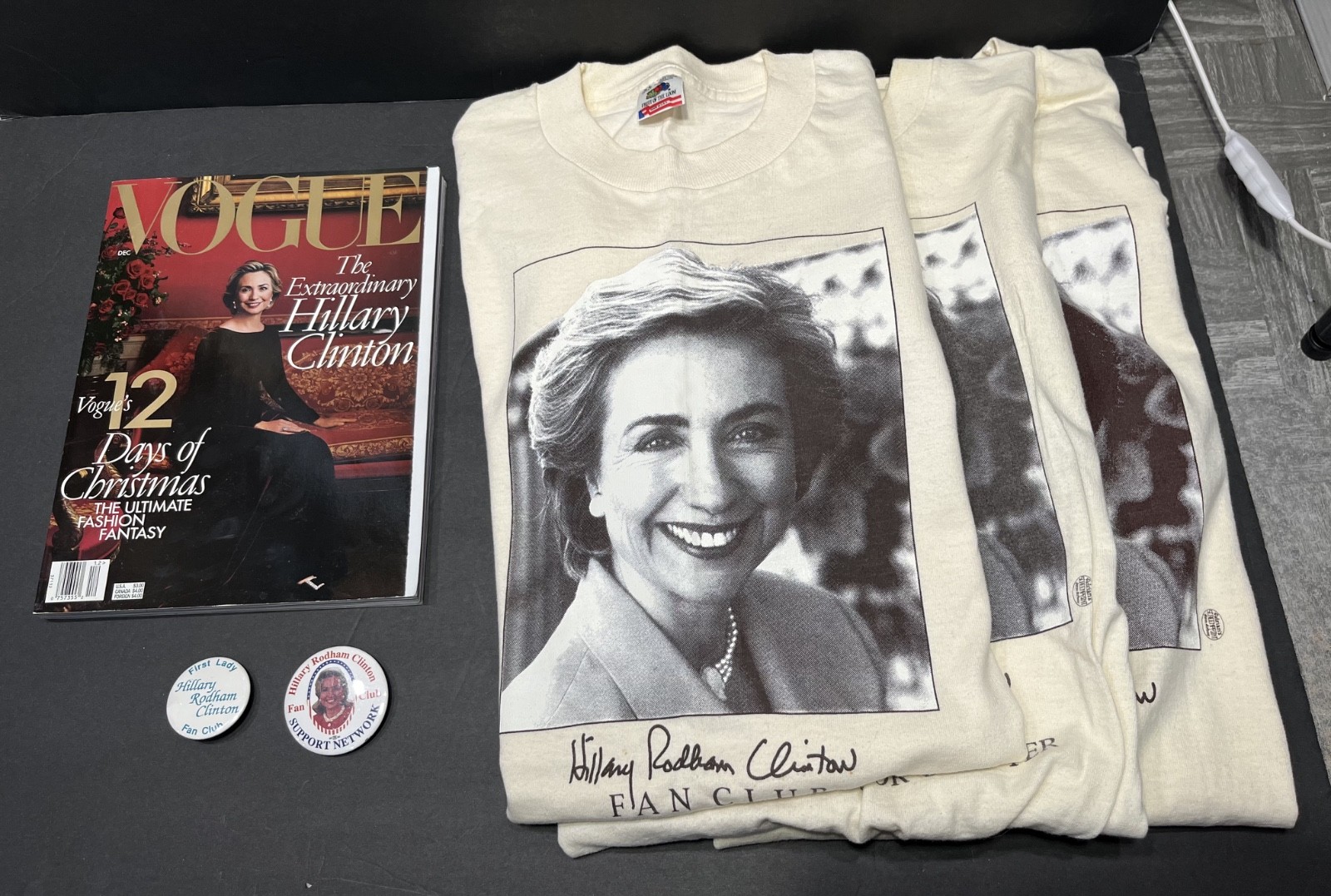Bill Clinton Presidential Campaign Hillary Fan Club T-Shirts + Dec 1998 Vogue +