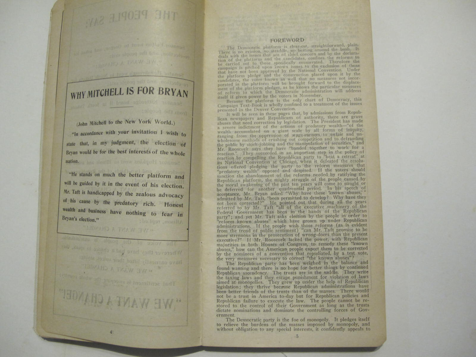ORIGINAL CAMPAIGN TEXT BOOK DEMOCRATIC PARTY OF THE UNITED STATES 1908 289 PAGES