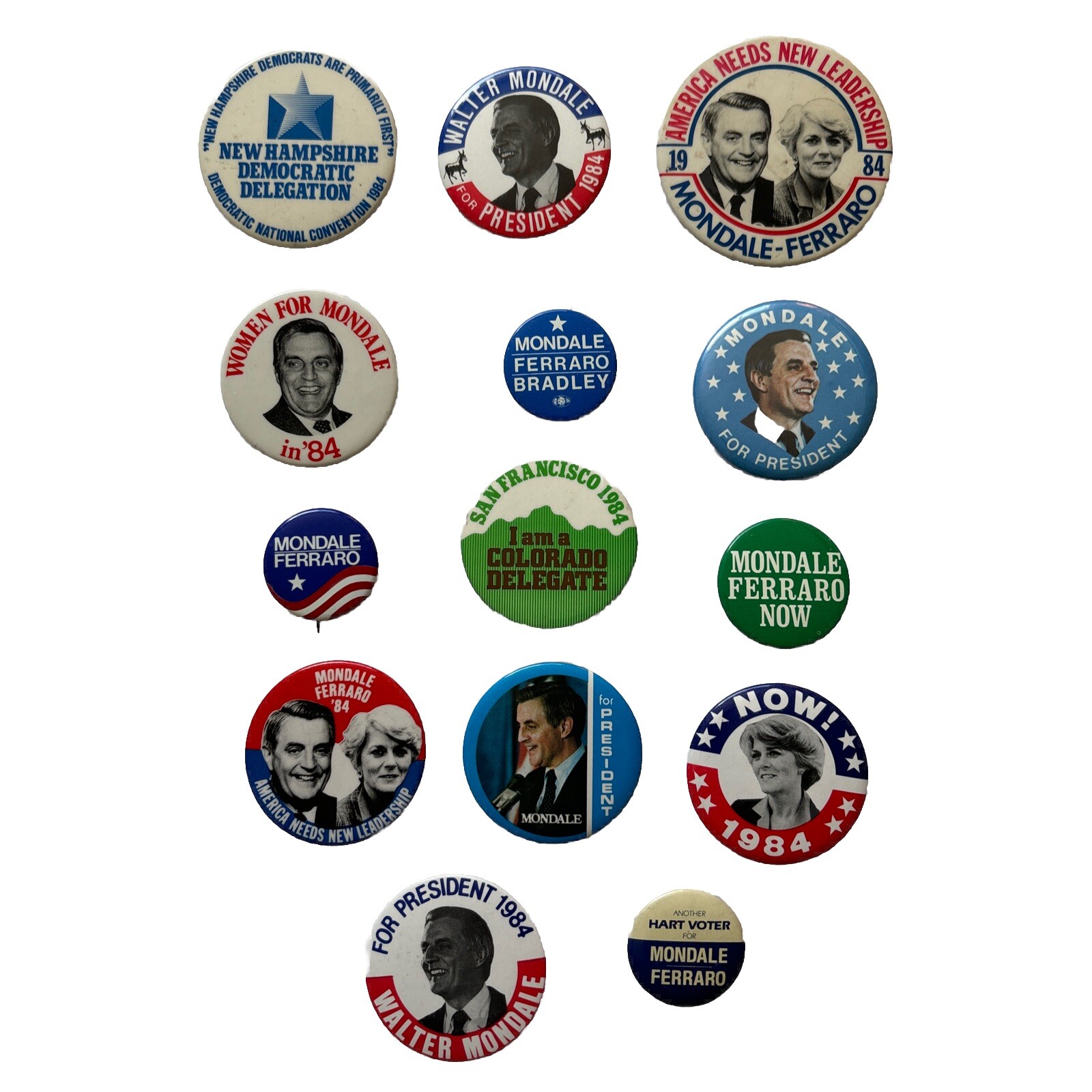 14 Different 1984 Walter Mondale & Geraldine Ferraro Campaign Buttons Dealer Lot