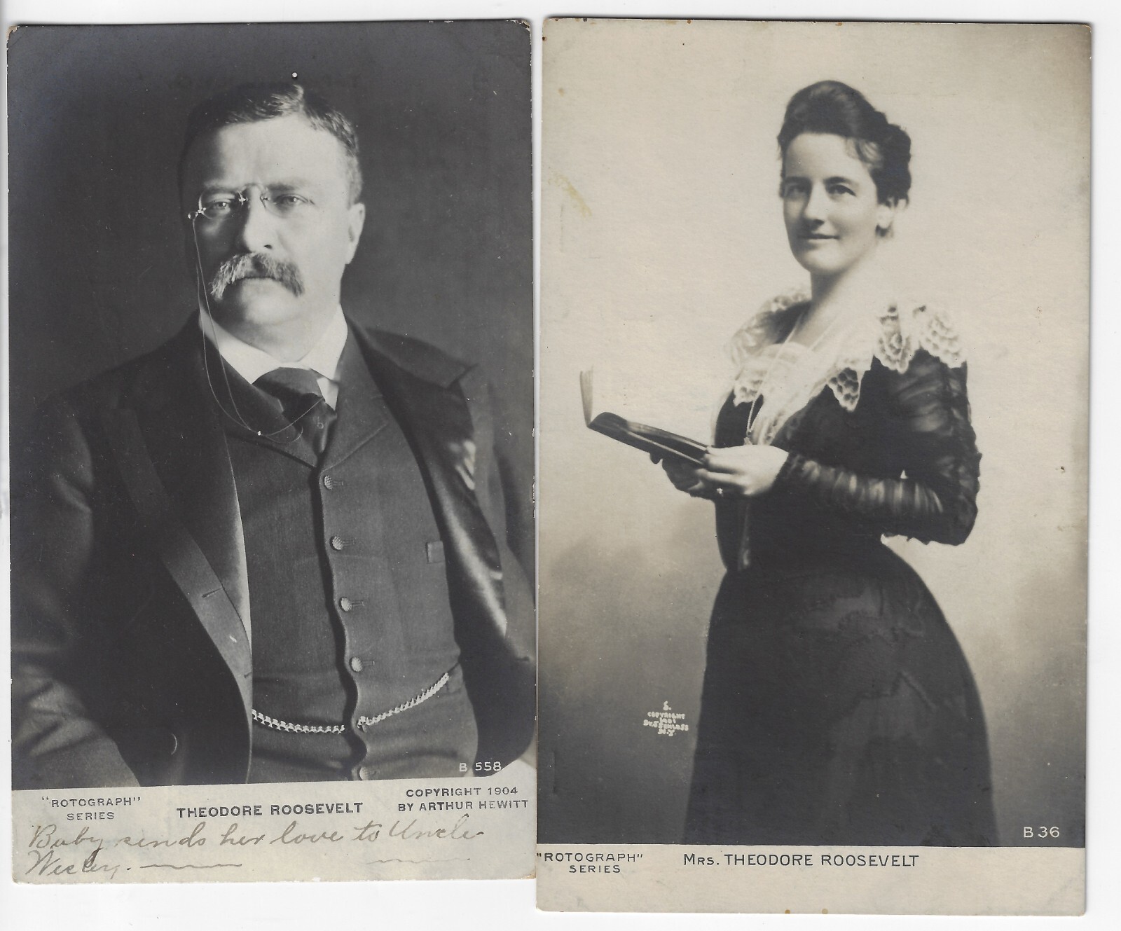 Dated Pair Real of Photo Rotograph Postcards Prez Teddy Roosevelt 1st Lady Edith