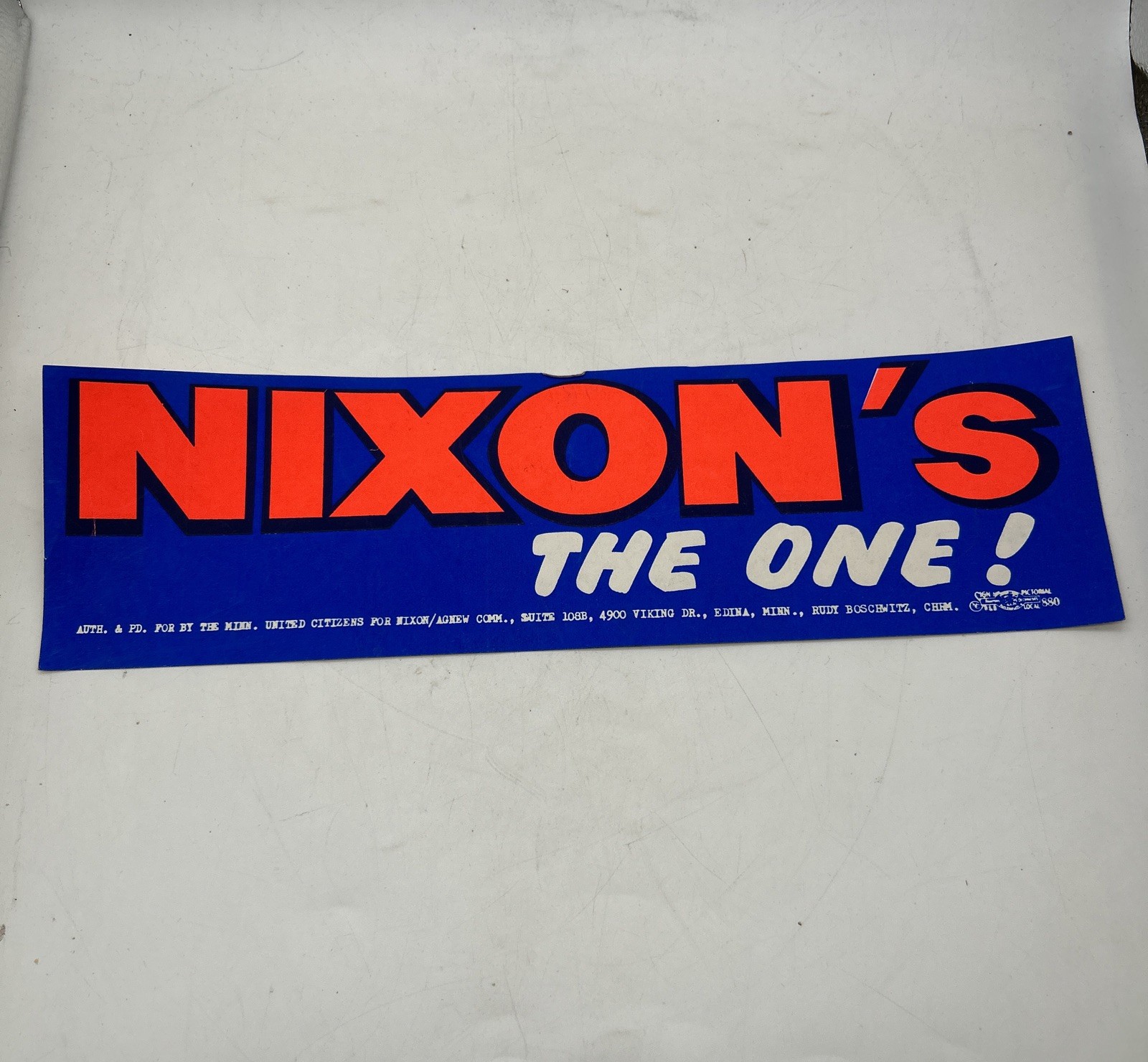 Vintage NIXON’s The One! For President 1968 Bumper Sticker 13×3.75” Edina MN